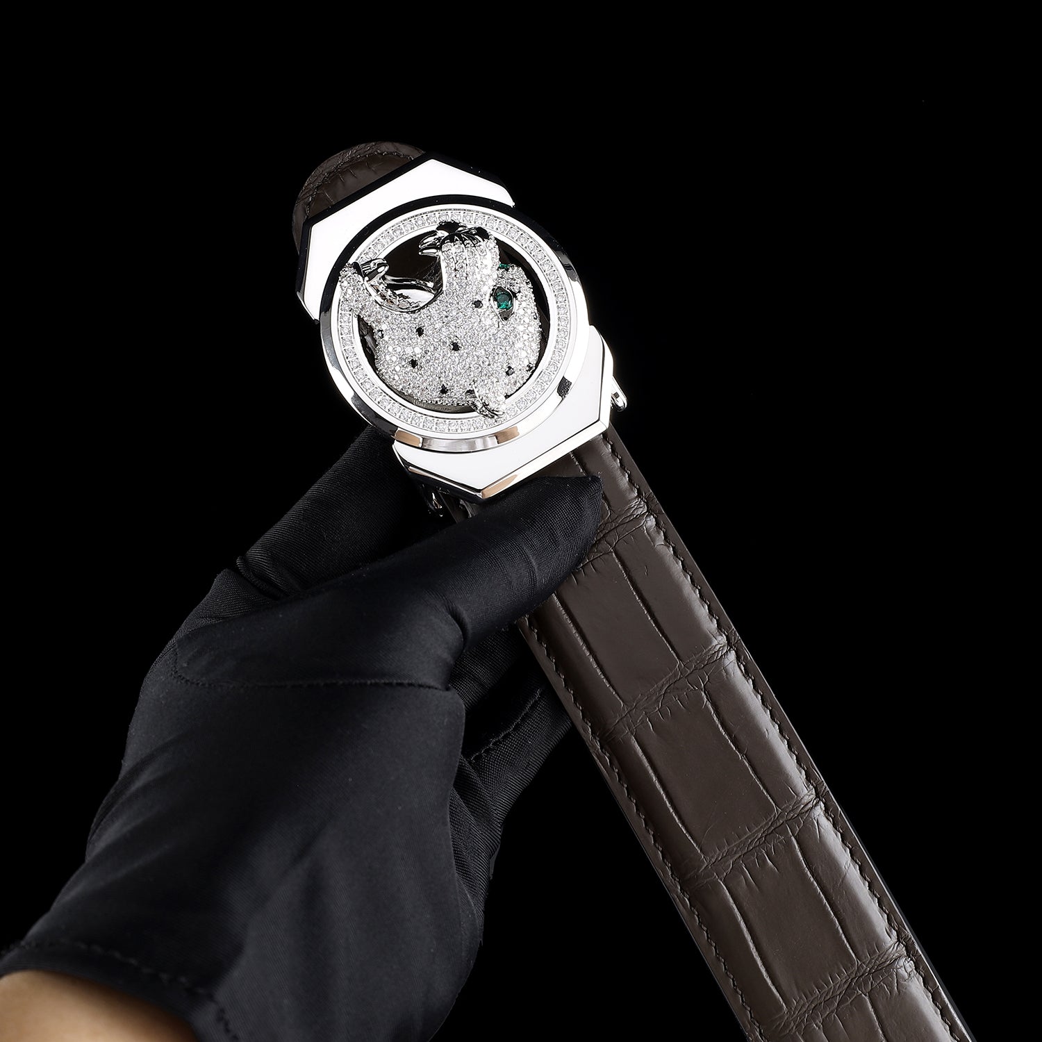 BELTLEY Espresso Brown Crocodile Belt – Roaring Leopard Edition