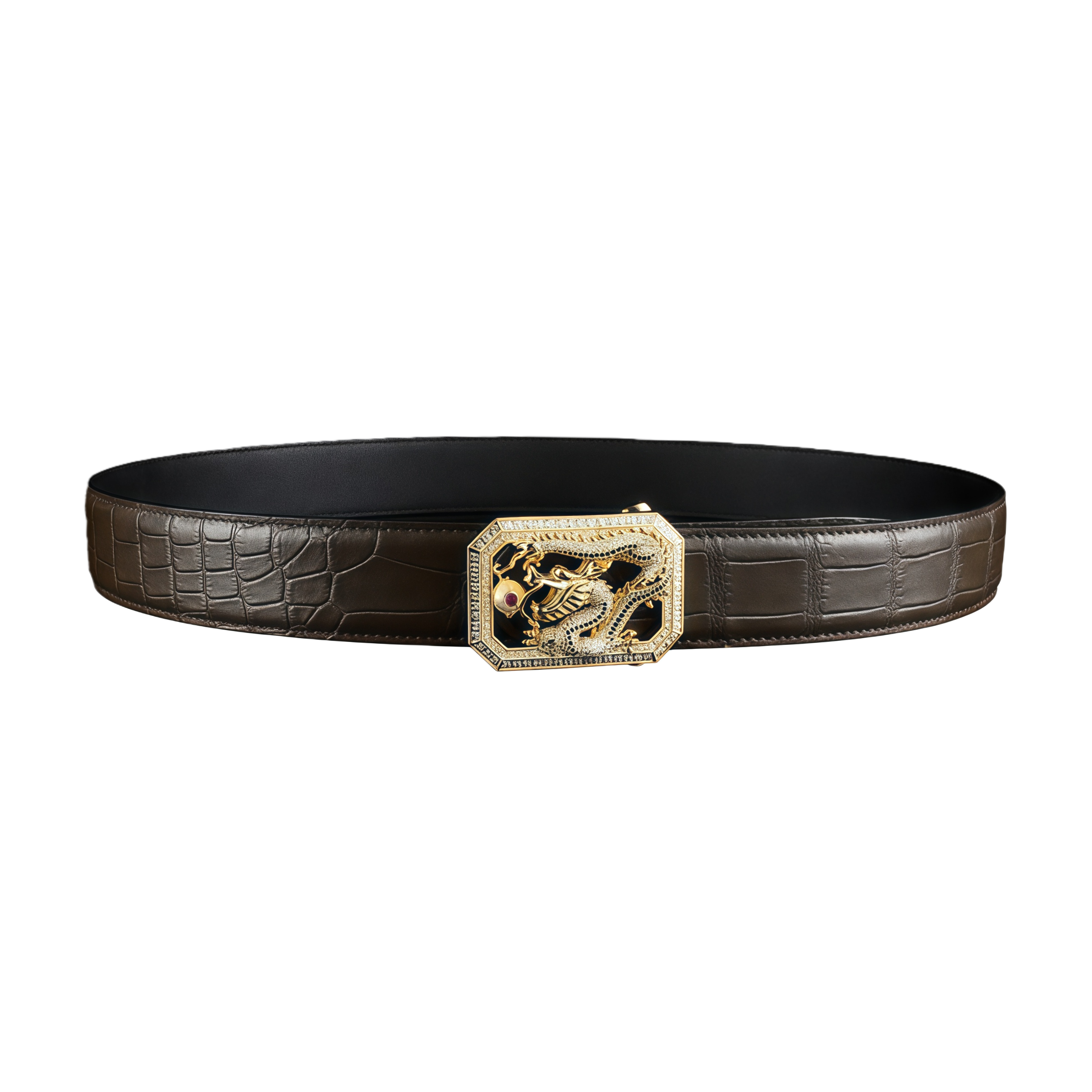 BELTLEY Espresso Brown Crocodile Belt with Dragon Buckle
