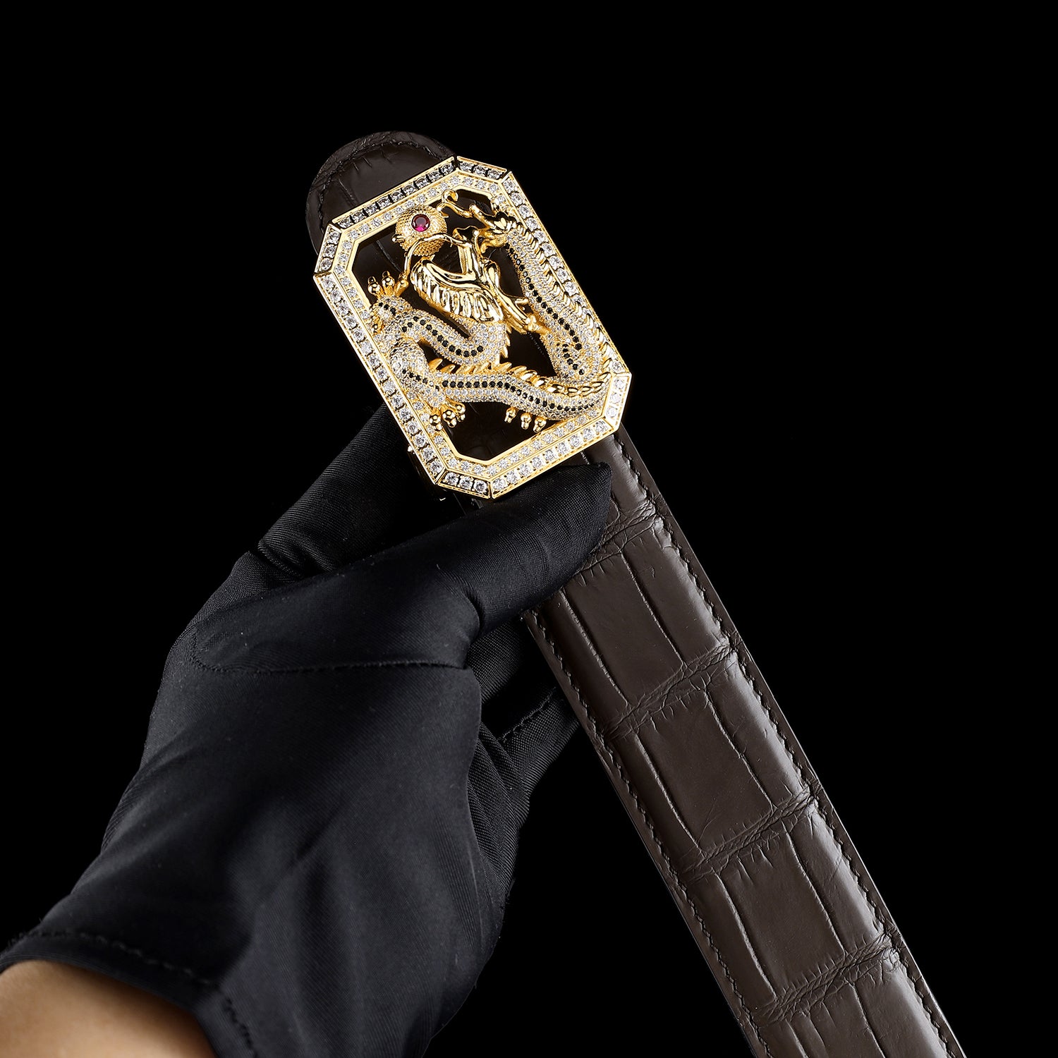 BELTLEY Espresso Brown Crocodile Belt with Dragon Buckle