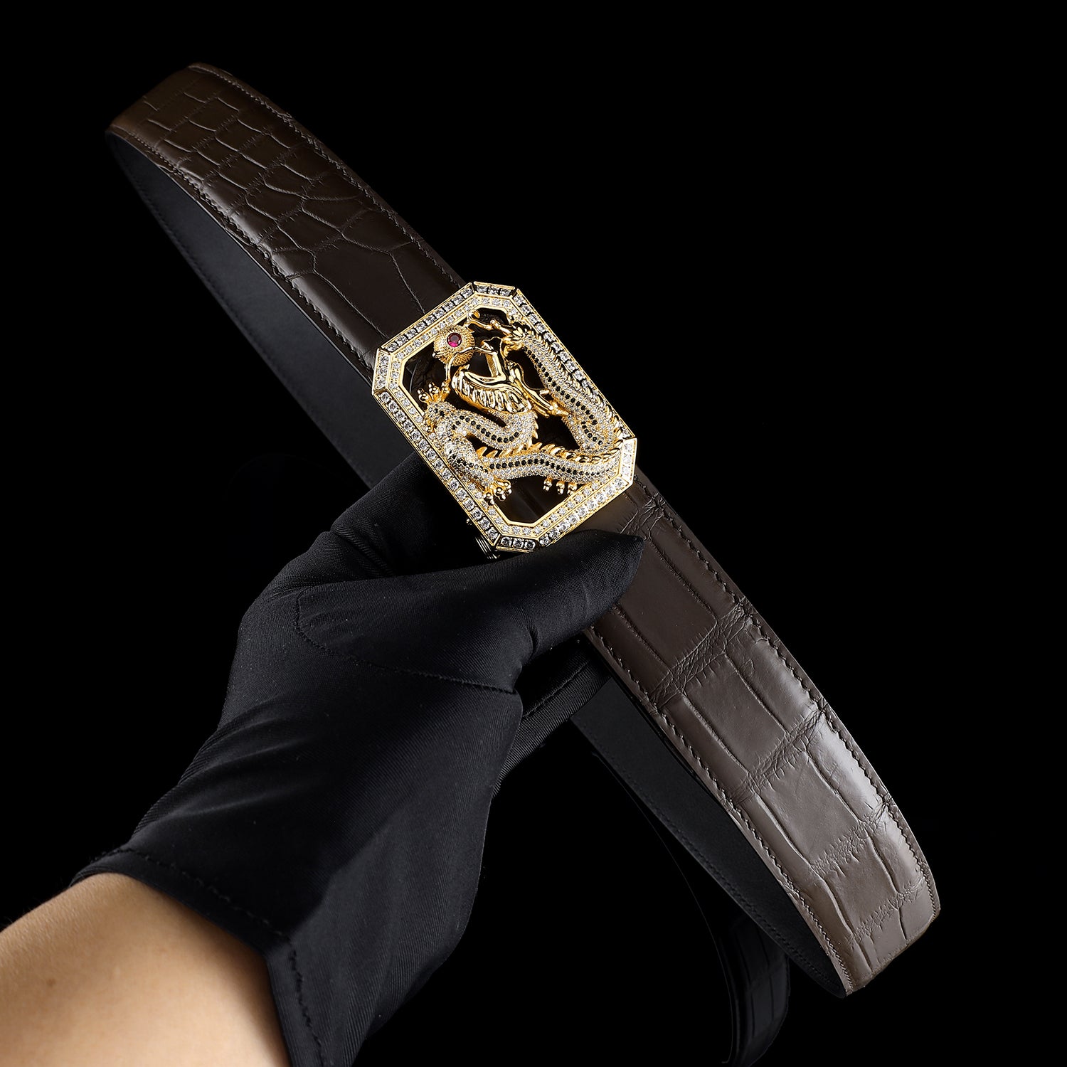 BELTLEY Espresso Brown Crocodile Belt with Dragon Buckle