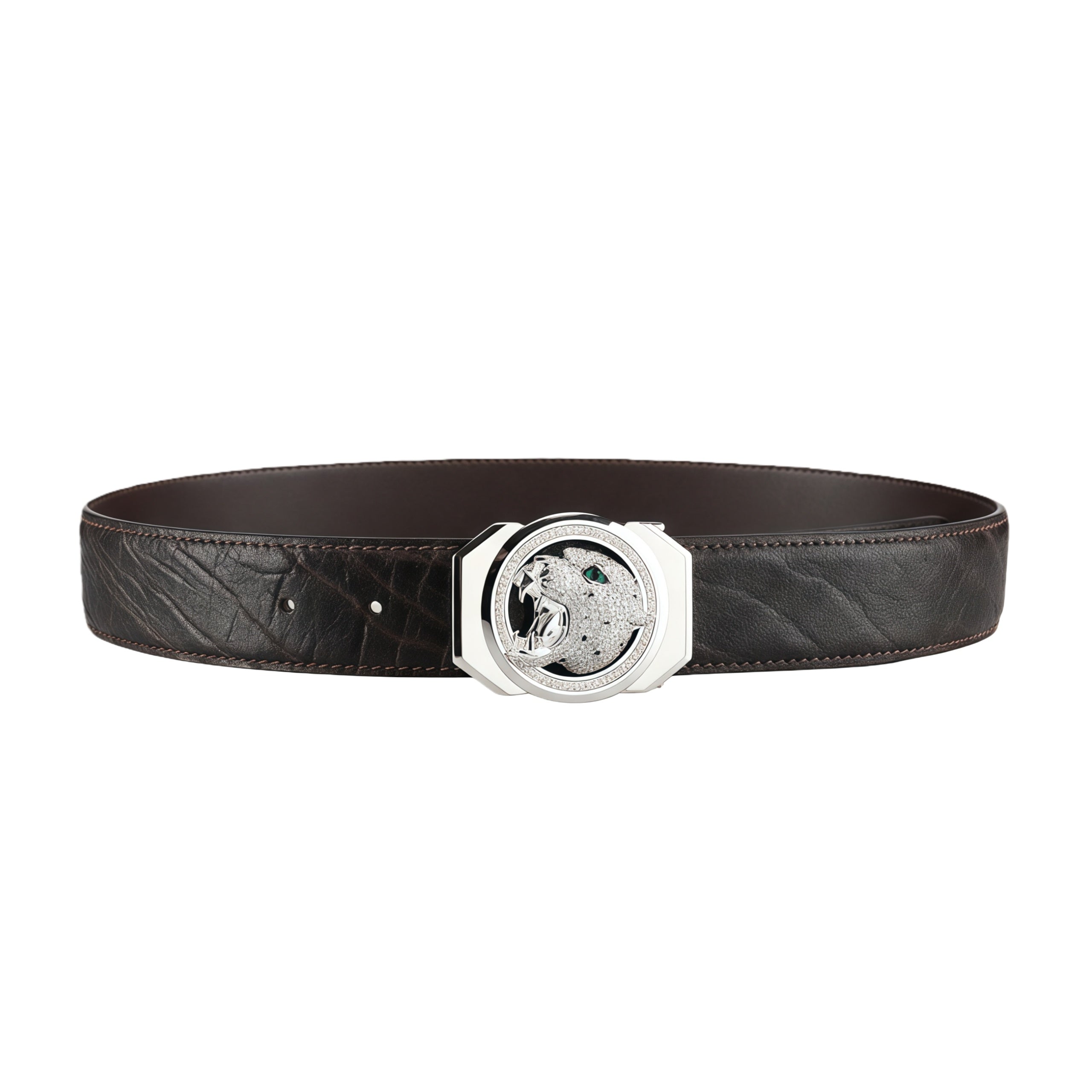 BELTLEY Espresso Brown Elephant Belt with Roaring Leopard Buckle