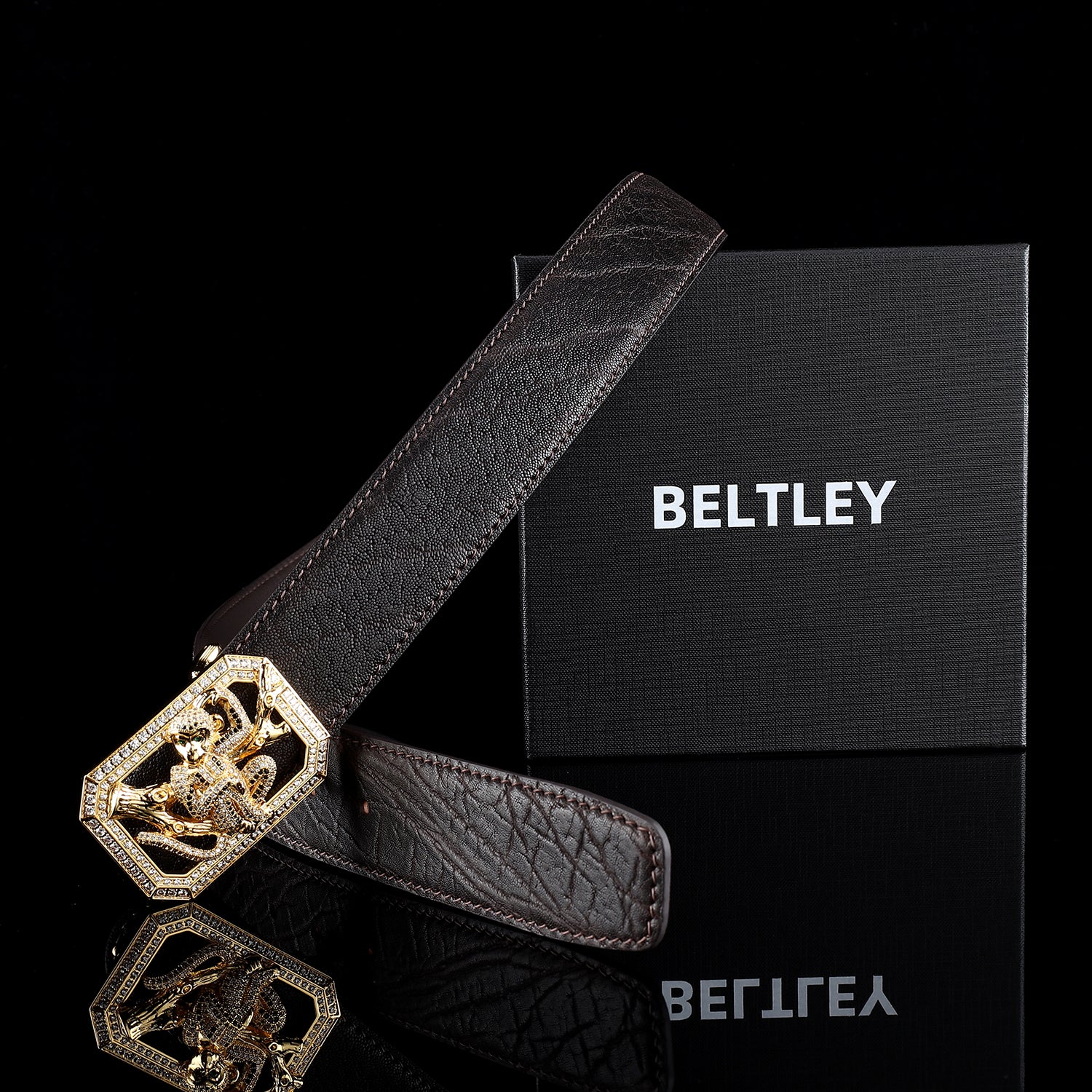 BELTLEY Espresso Brown Elephant Hide Men's Belt-Monkey Buckle
