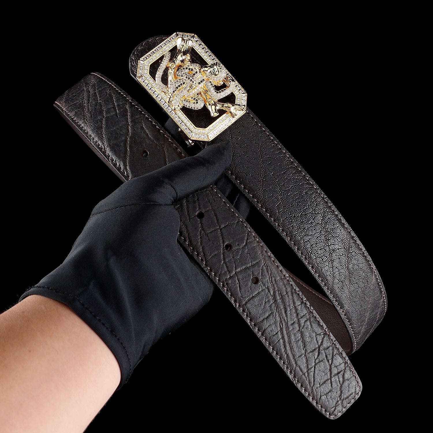 BELTLEY Espresso Brown Elephant Hide Men's Belt-Monkey Buckle