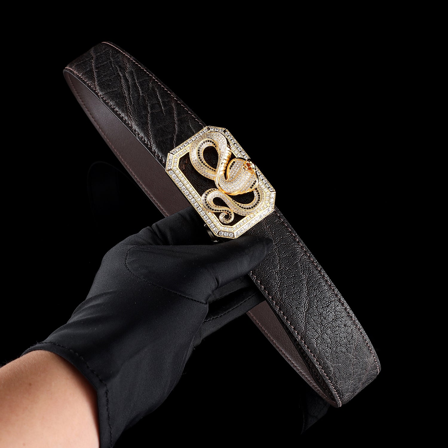 BELTLEY Espresso Brown Elephant Leather Belt With Snake Buckle 1.5 inches