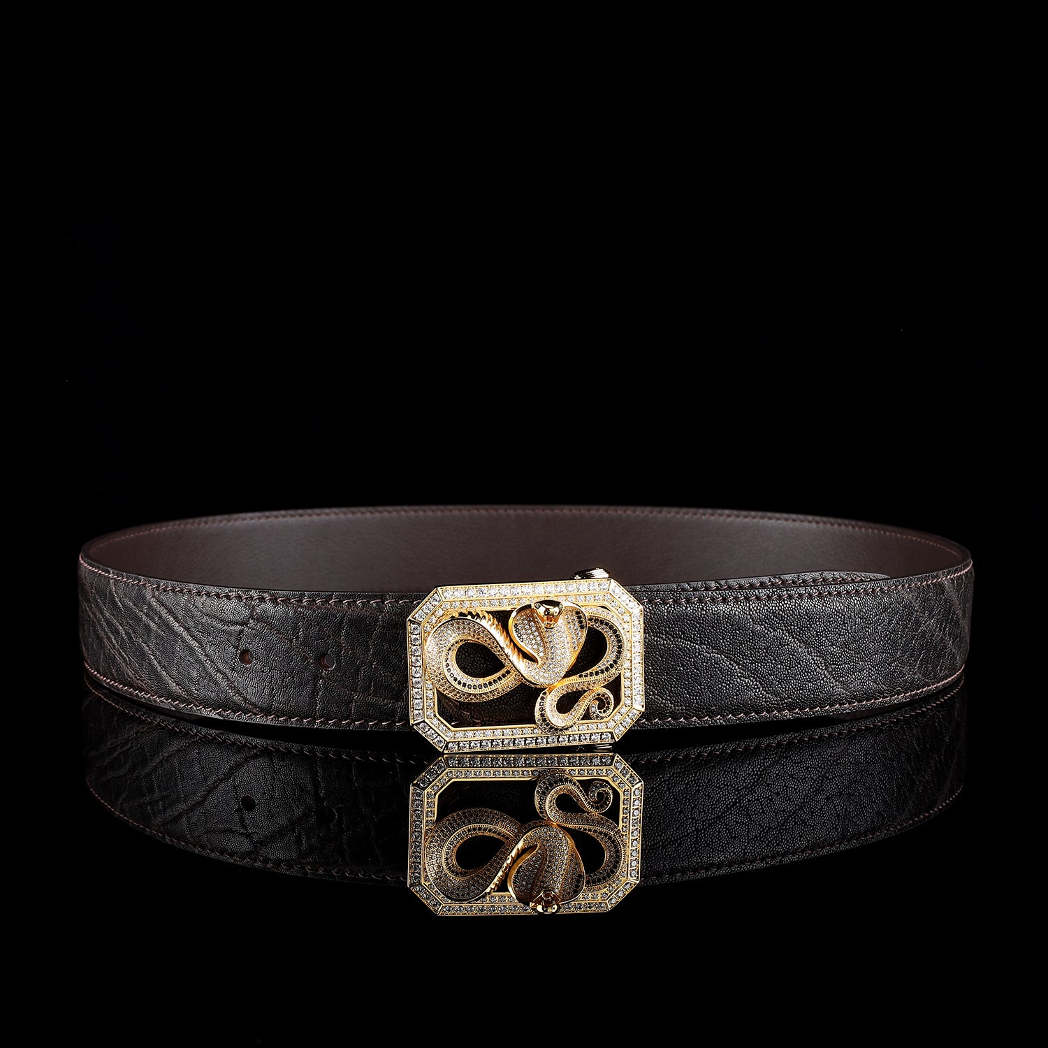 BELTLEY Espresso Brown Elephant Leather Belt With Snake Buckle 1.5 inches