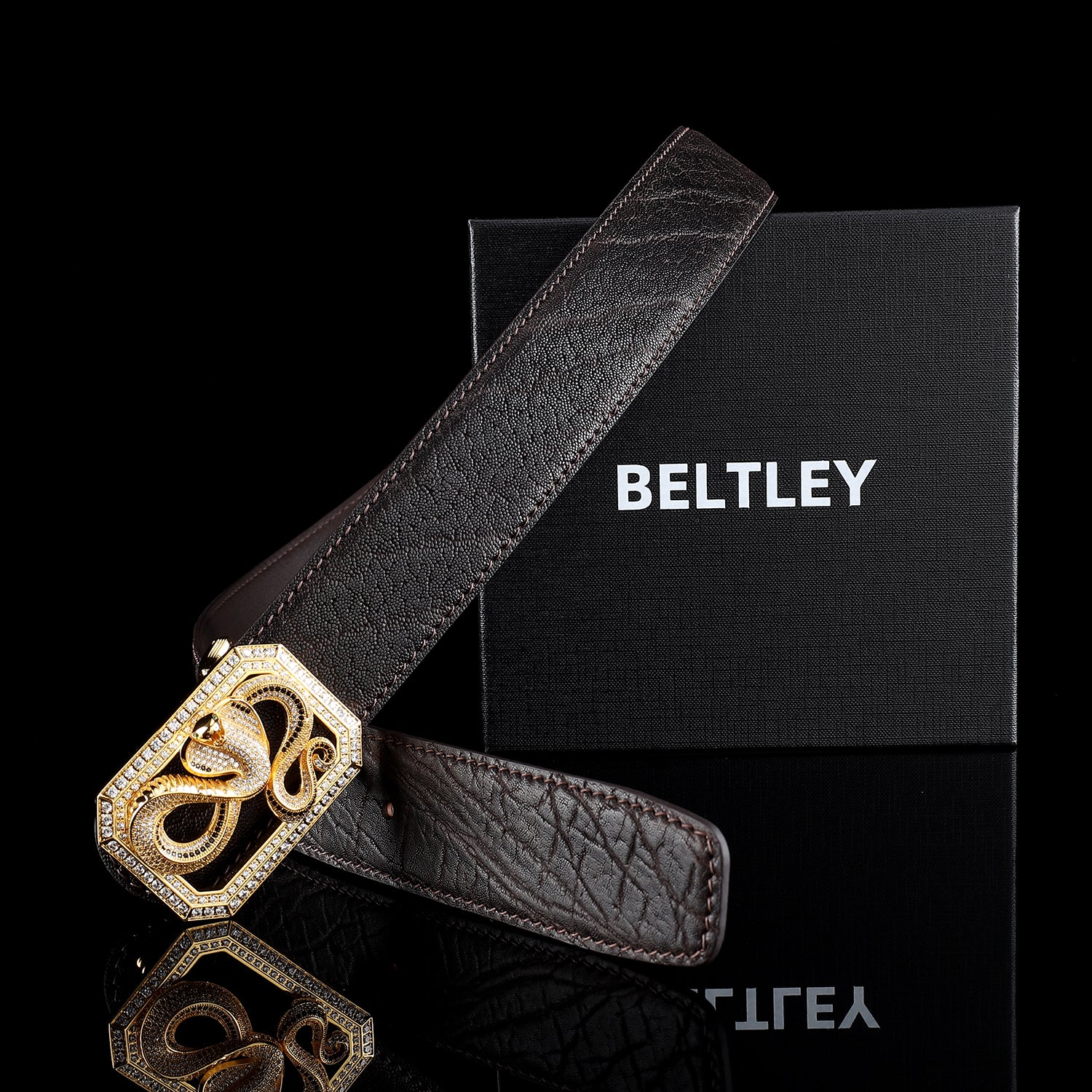 BELTLEY Espresso Brown Elephant Leather Belt With Snake Buckle 1.5 inches
