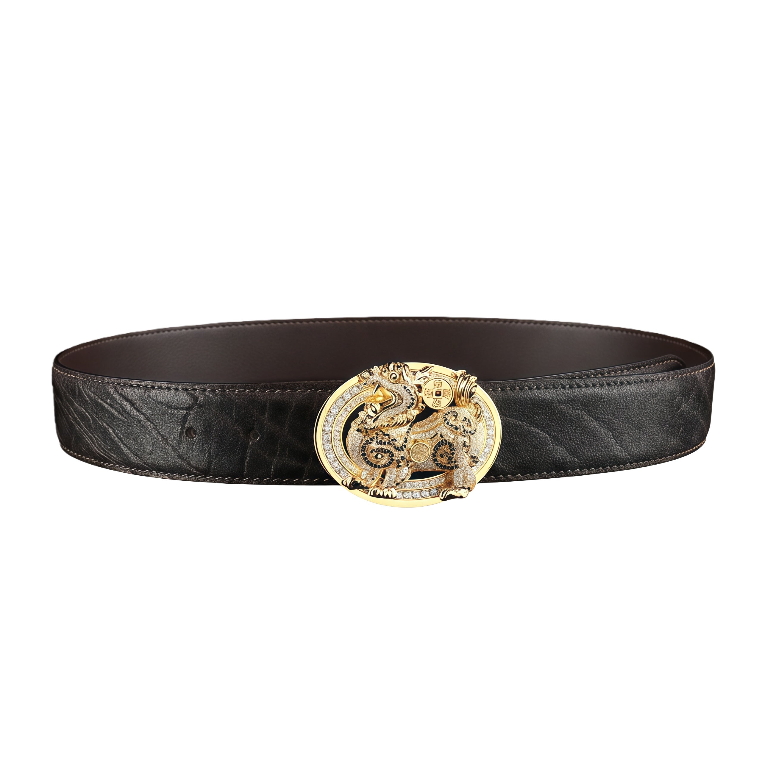 BELTLEY Espresso Brown Elephant Skin Belt With Qilin Buckle
