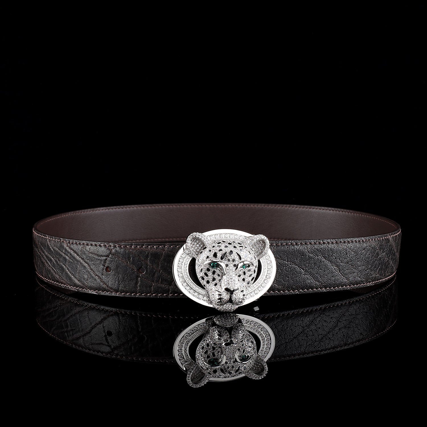 BELTLEY Espresso Brown Elephant Skin Belt with 3D Leopard Head Buckle