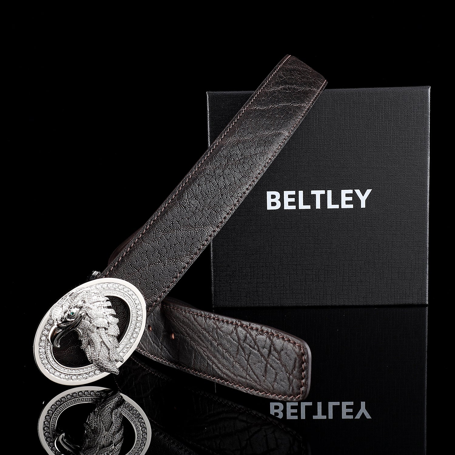 BELTLEY Espresso Brown Elephant Skin Belt with 3D Eagle Buckle