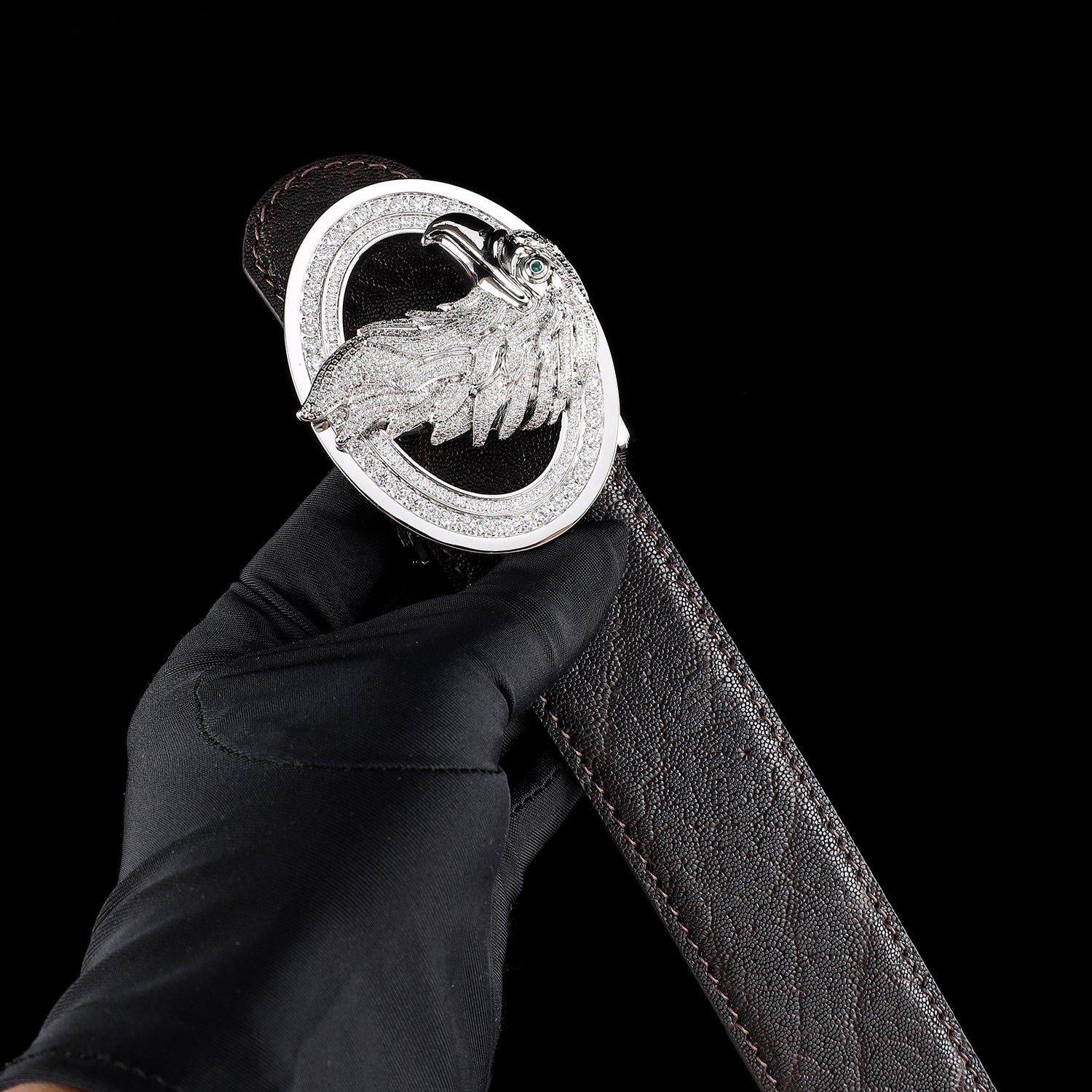 BELTLEY Espresso Brown Elephant Skin Belt with 3D Eagle Buckle