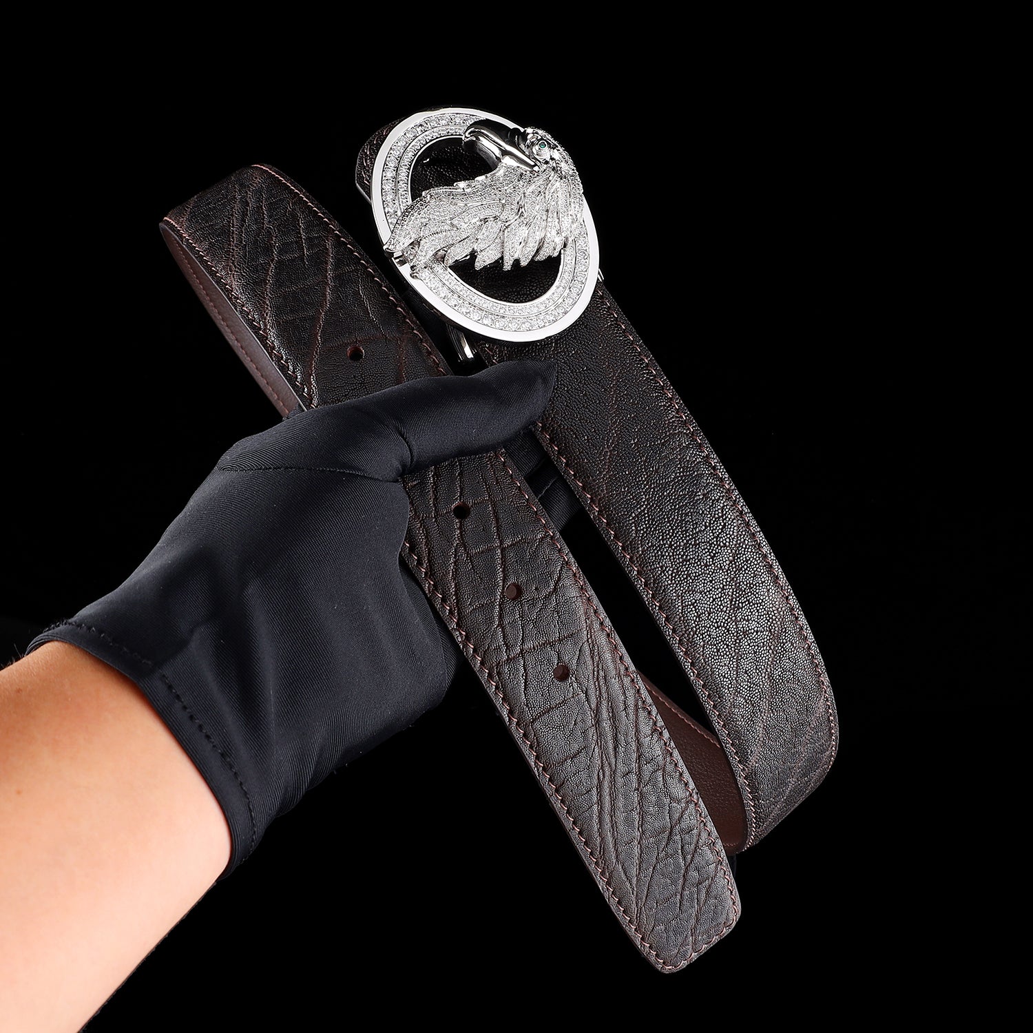 BELTLEY Espresso Brown Elephant Skin Belt with 3D Eagle Buckle