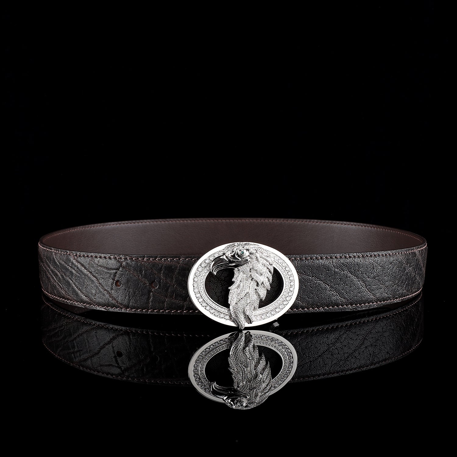 BELTLEY Espresso Brown Elephant Skin Belt with 3D Eagle Buckle