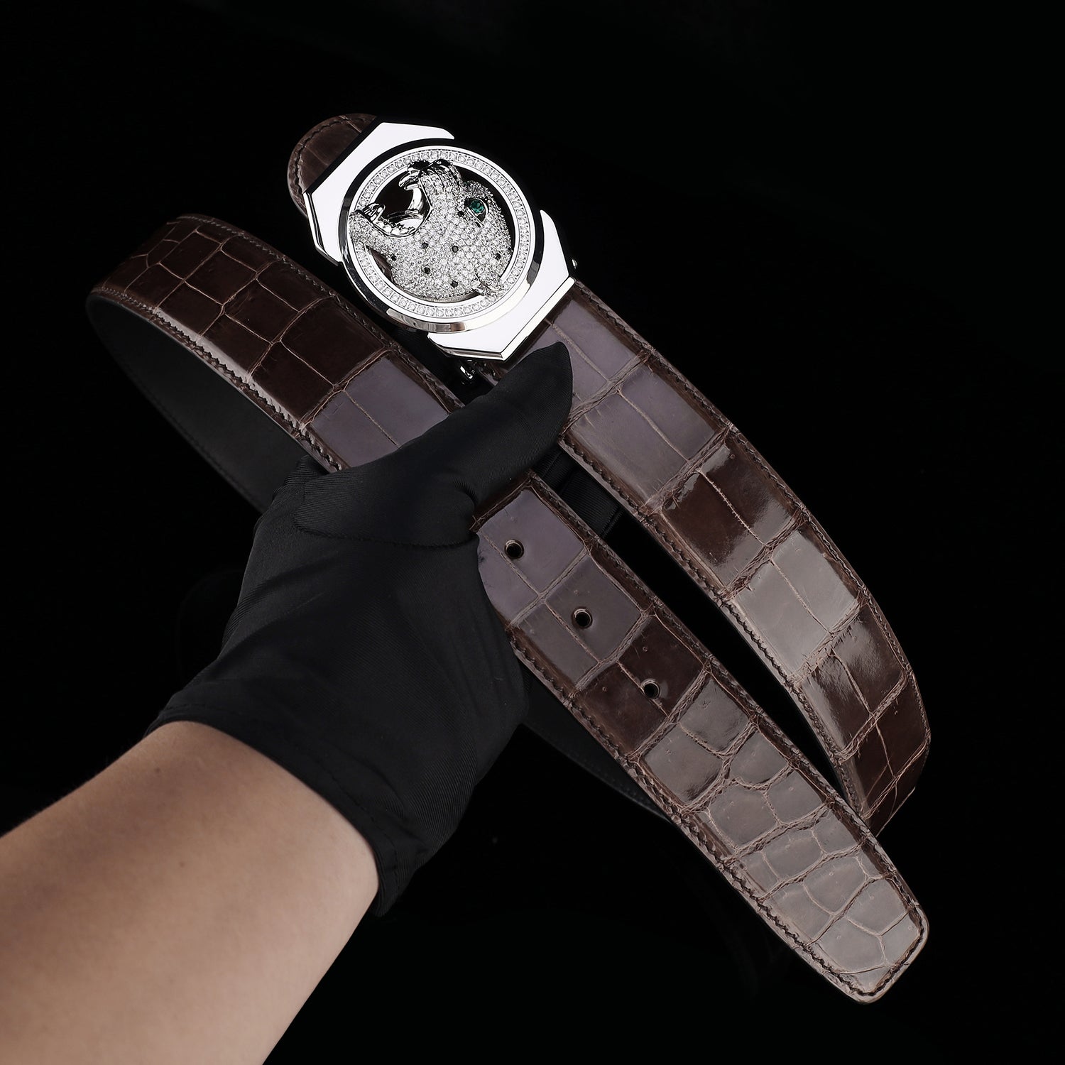 BELTLEY Espresso Brown Exotic Crocodile Leather Belt