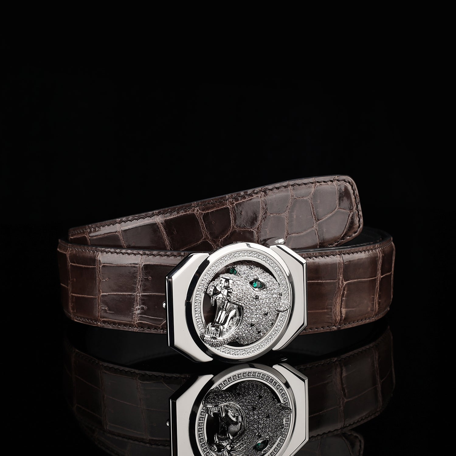 BELTLEY Espresso Brown Exotic Crocodile Leather Belt