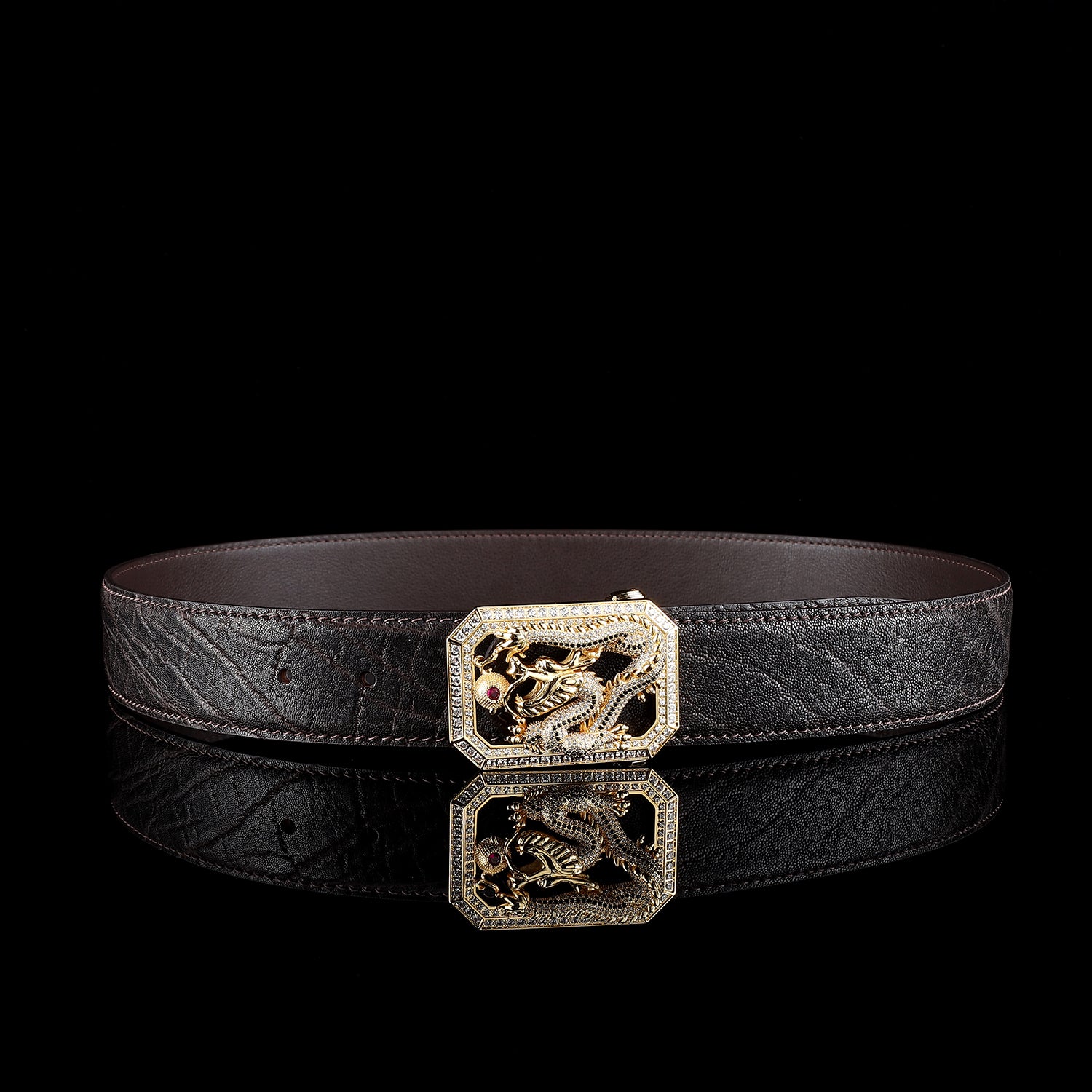 BELTLEY Espresso Brown Genuine Elephant Hide Belt with Dragon Buckle