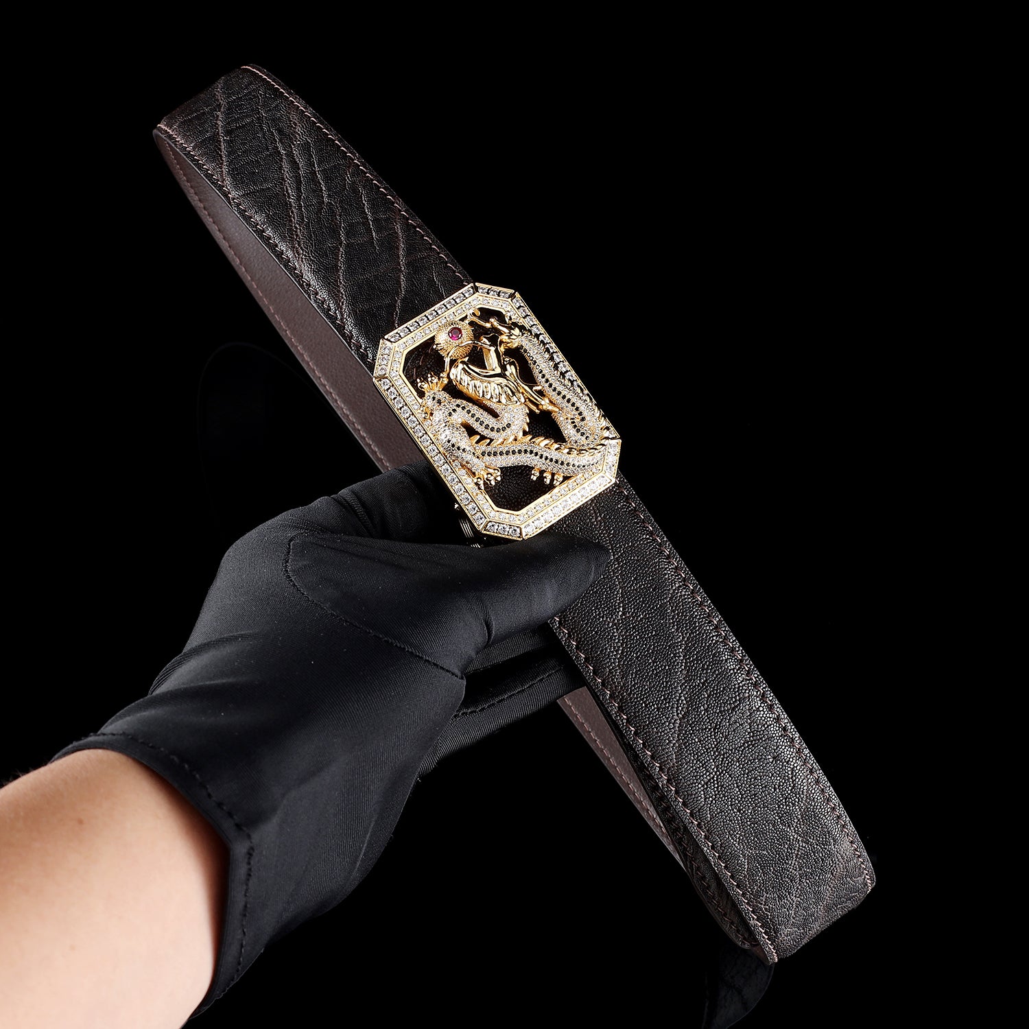 BELTLEY Espresso Brown Genuine Elephant Hide Belt with Dragon Buckle