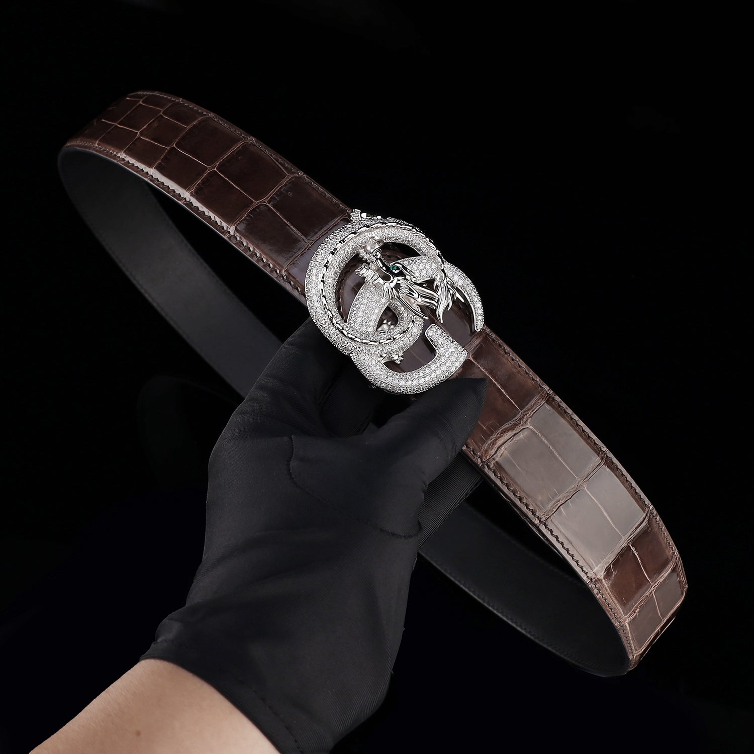 BELTLEY Espresso Brown Glazed Crocodile Leather Belt