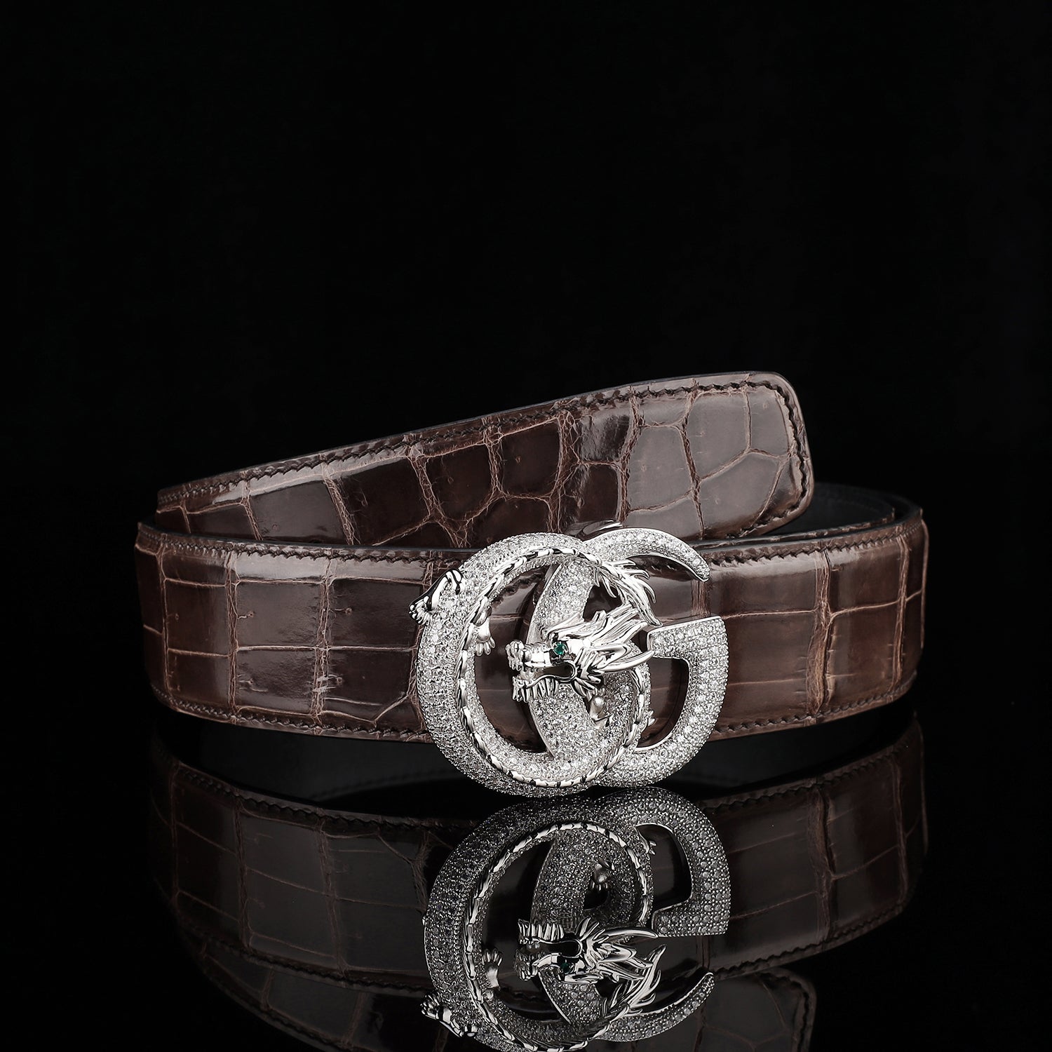 BELTLEY Espresso Brown Glazed Crocodile Leather Belt