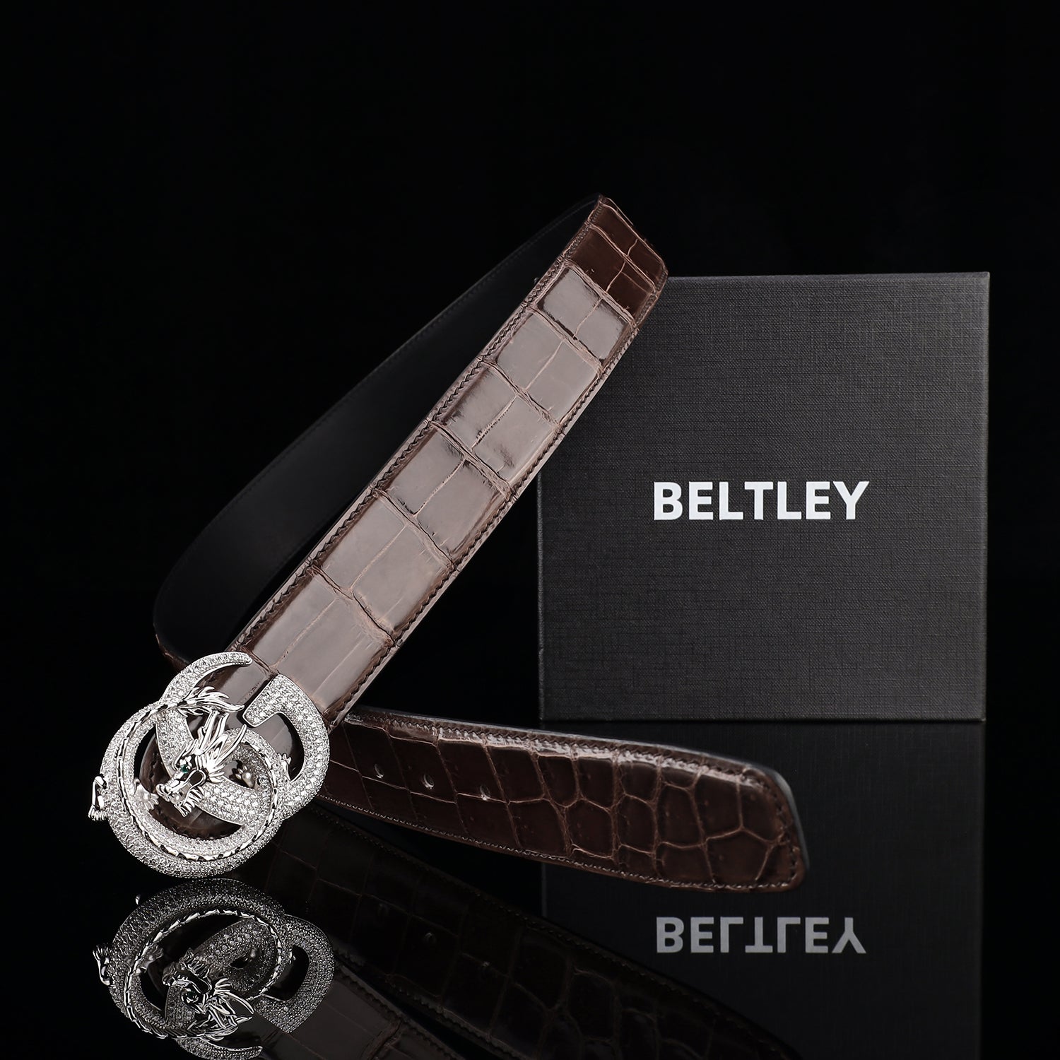 BELTLEY Espresso Brown Glazed Crocodile Leather Belt