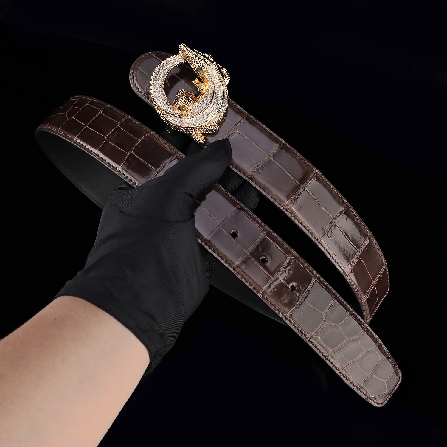 BELTLEY Espresso Brown Glossy Nile Crocodile Belt
