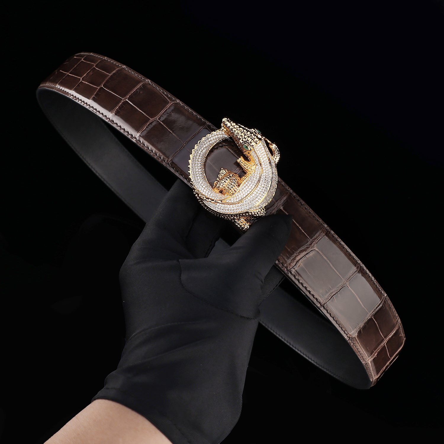 BELTLEY Espresso Brown Glossy Nile Crocodile Belt