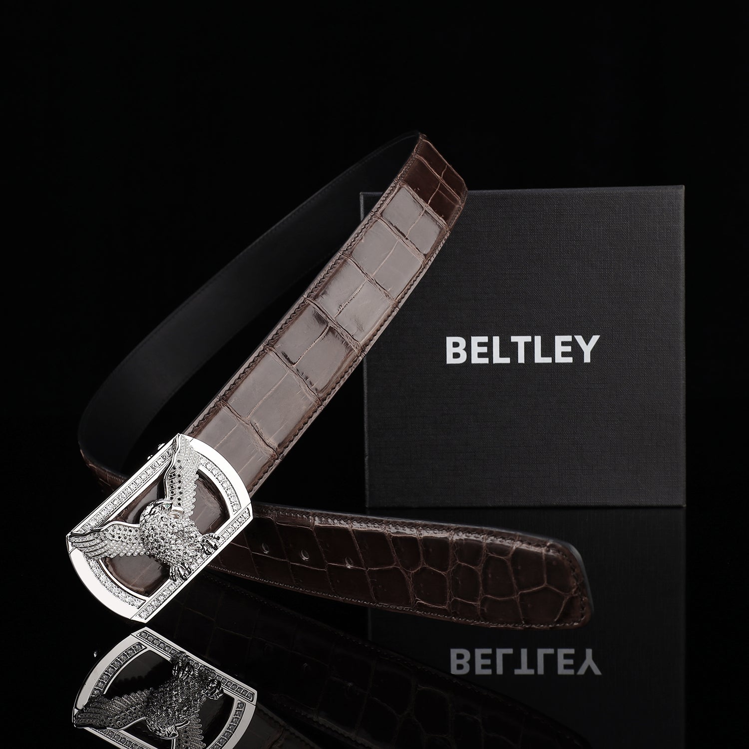 BELTLEY Espresso Brown Luxury Crocodile Belt for Men