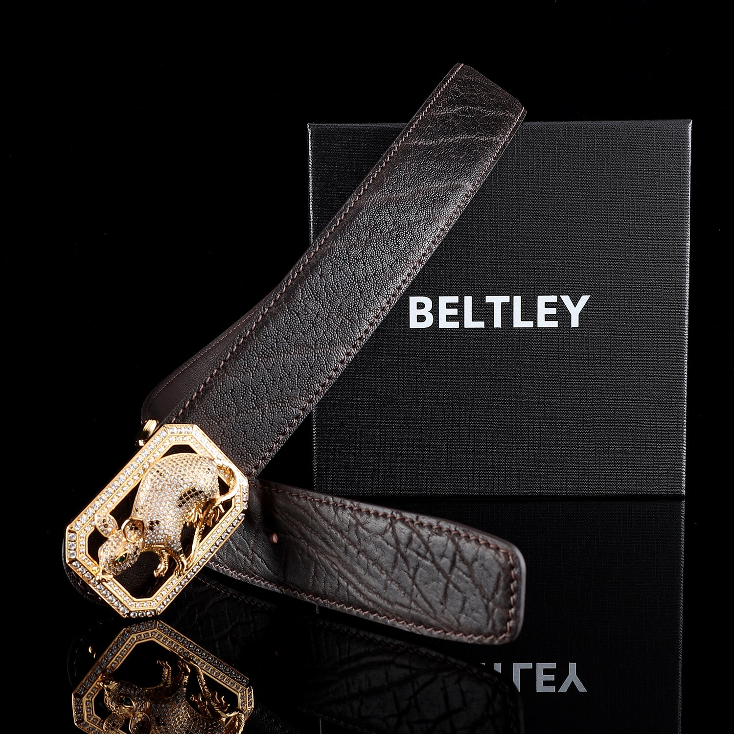 BELTLEY Espresso Brown Original Elephant Skin Belt with Rat Buckle