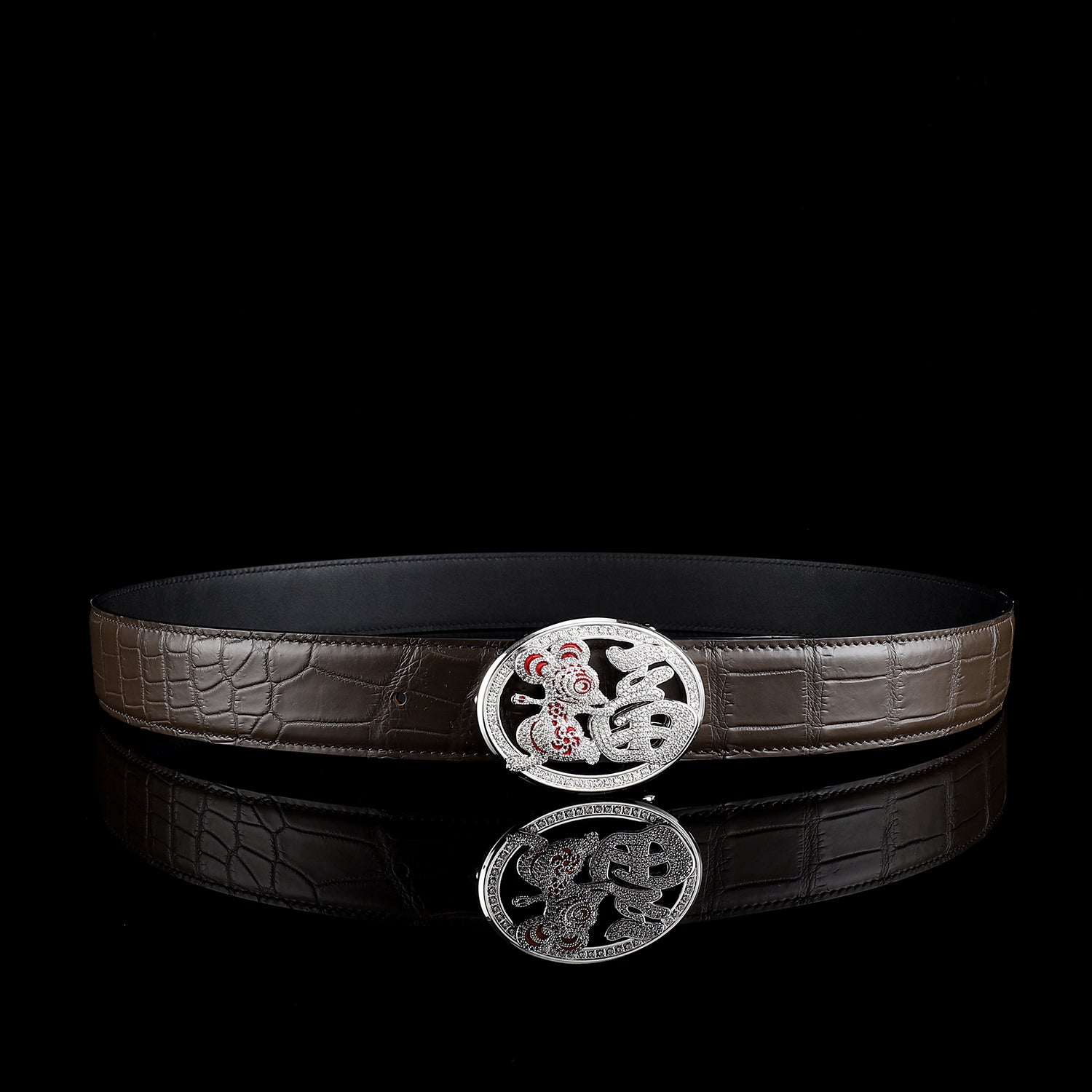 BELTLEY Espresso Crocodile Belt with Fortune Rat Buckle