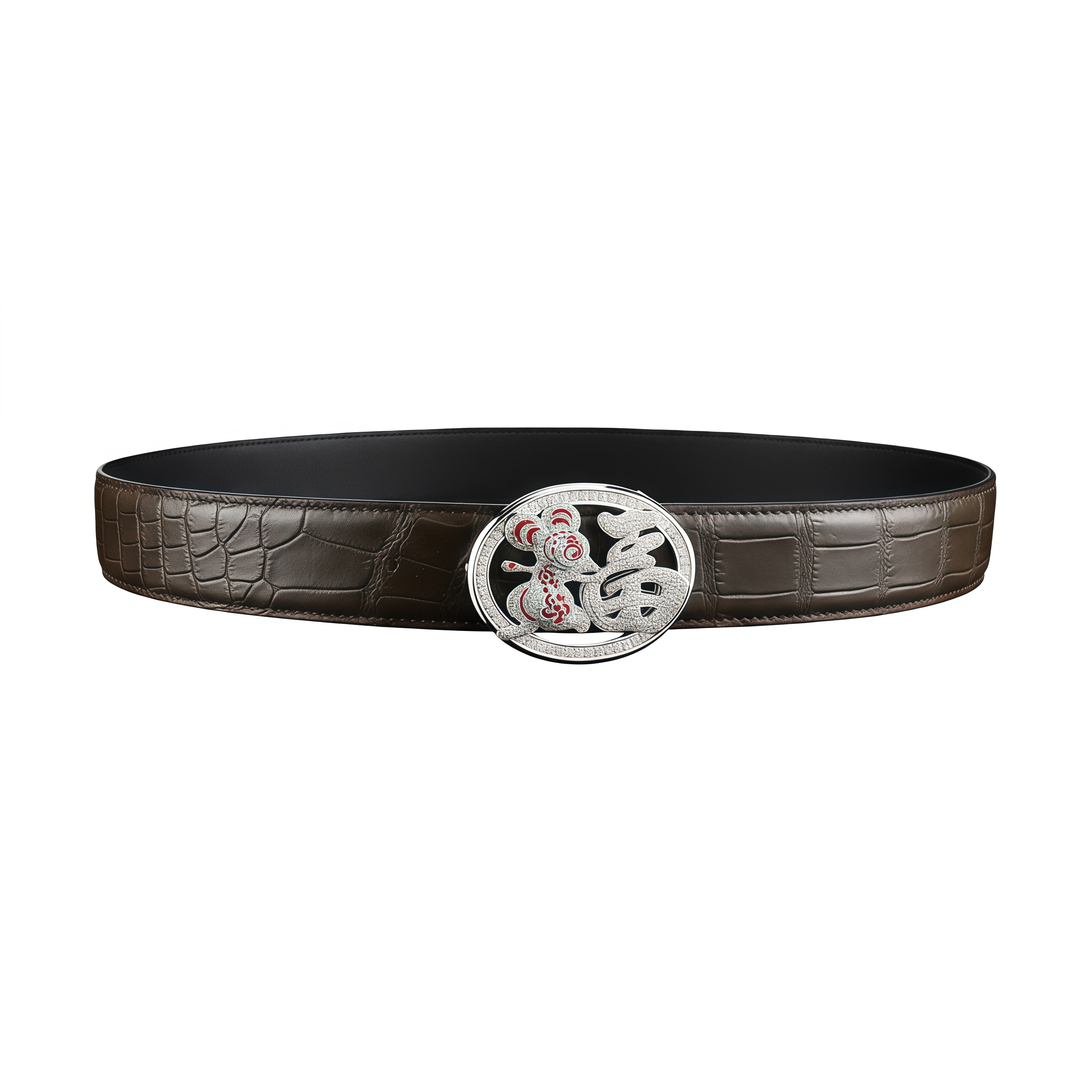 BELTLEY Espresso Crocodile Belt with Fortune Rat Buckle