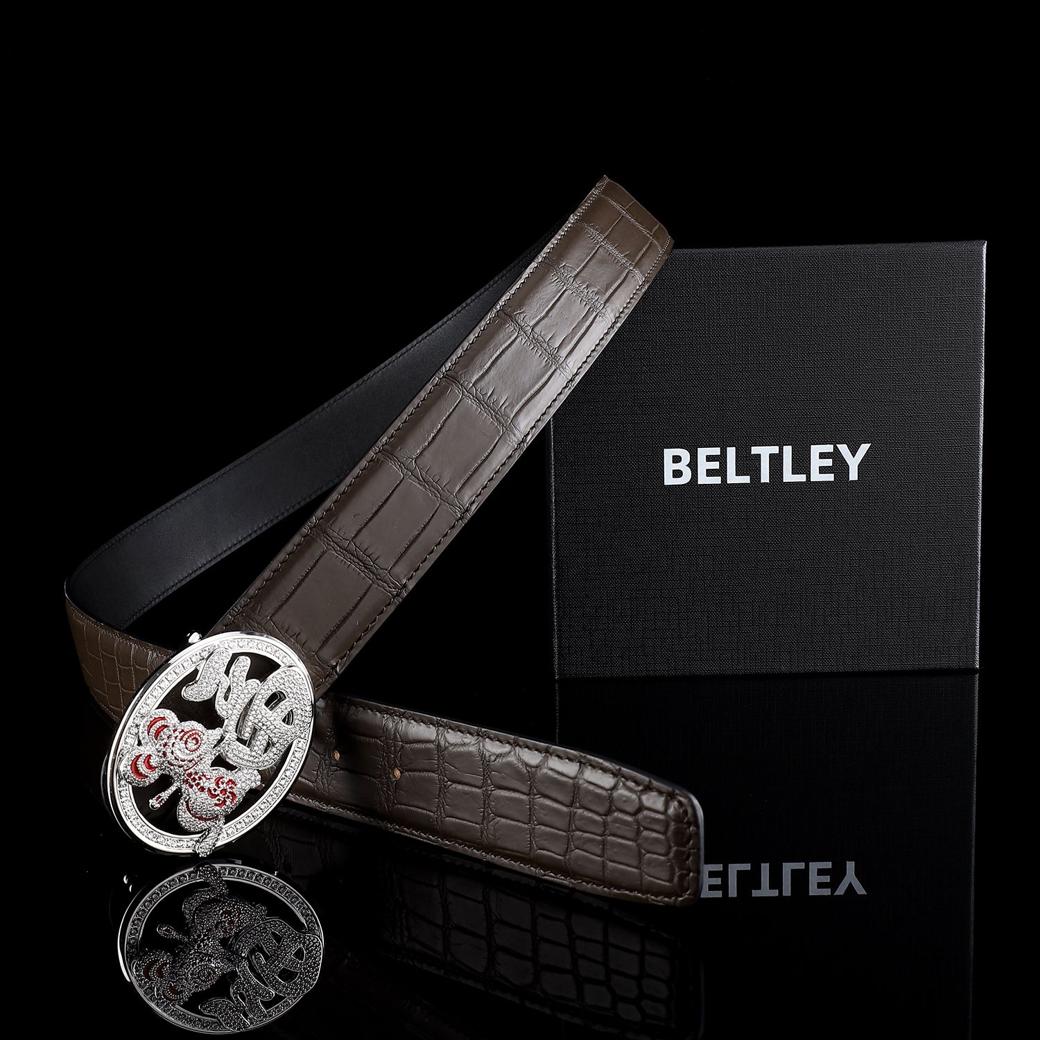 BELTLEY Espresso Crocodile Belt with Fortune Rat Buckle