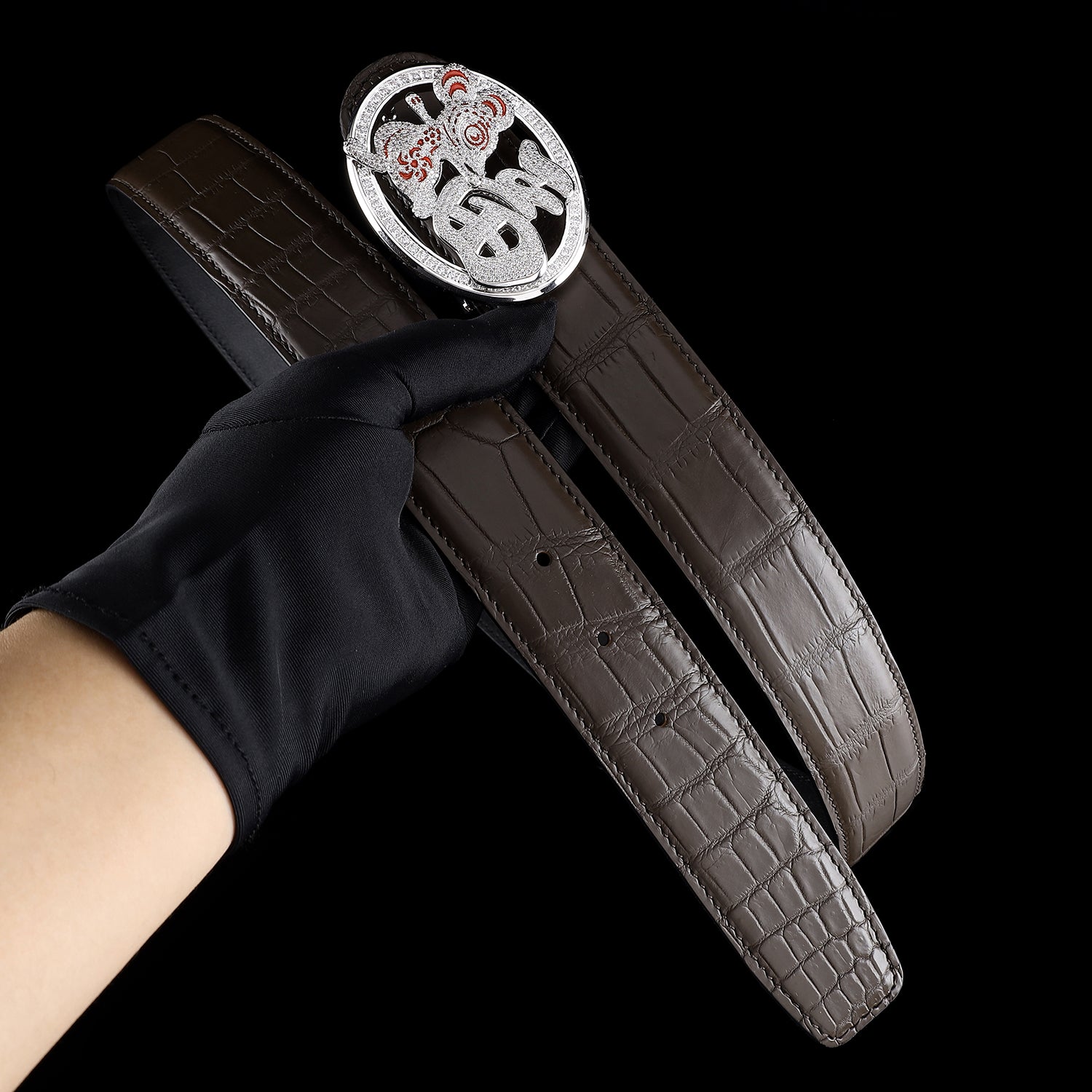 BELTLEY Espresso Crocodile Belt with Fortune Rat Buckle