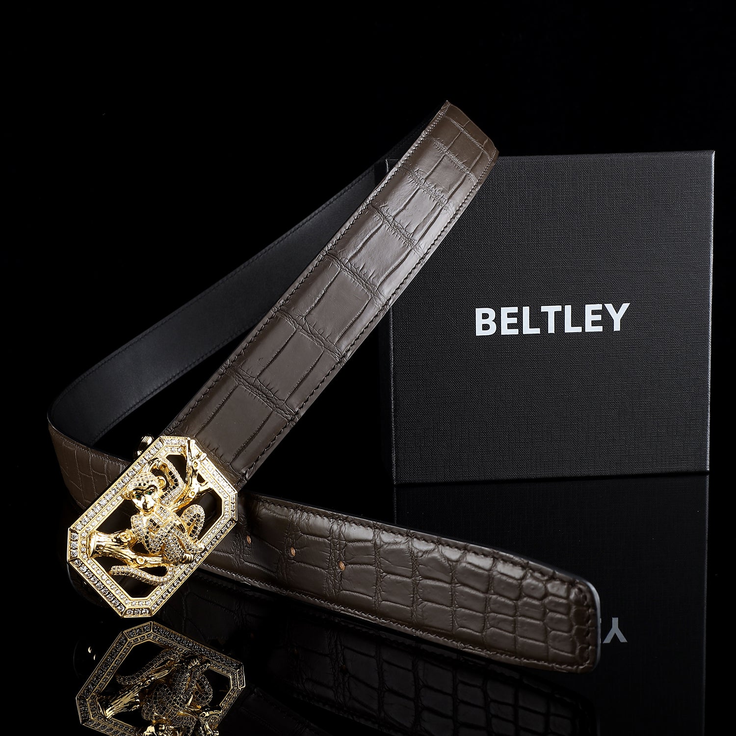 BELTLEY Espresso Crocodile Leather Belt With Gold plated Monkey Buckle