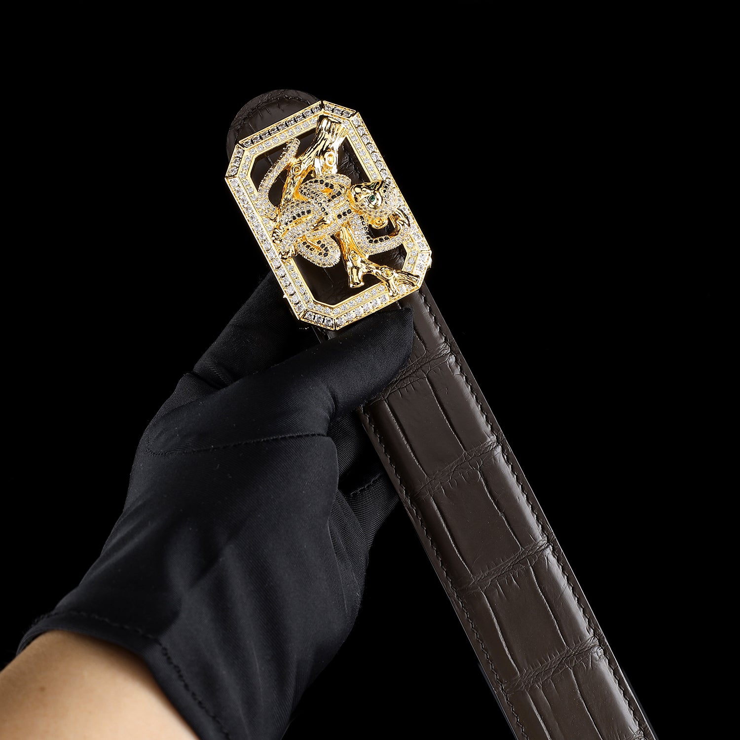 BELTLEY Espresso Crocodile Leather Belt With Gold plated Monkey Buckle