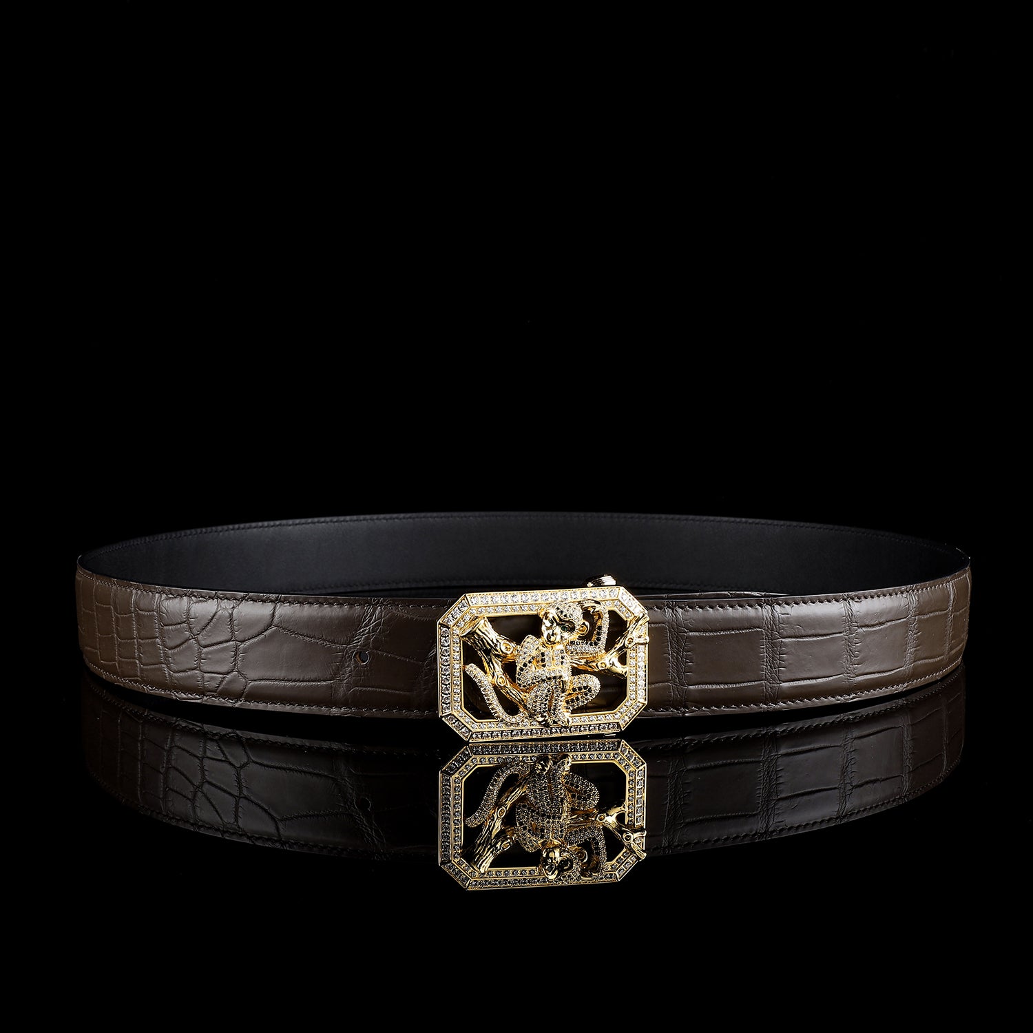 BELTLEY Espresso Crocodile Leather Belt With Gold plated Monkey Buckle