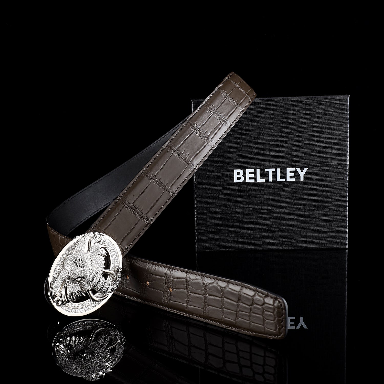 BELTLEY Espresso Crocodile Leather Belt with Sculpted Elephant Buckle