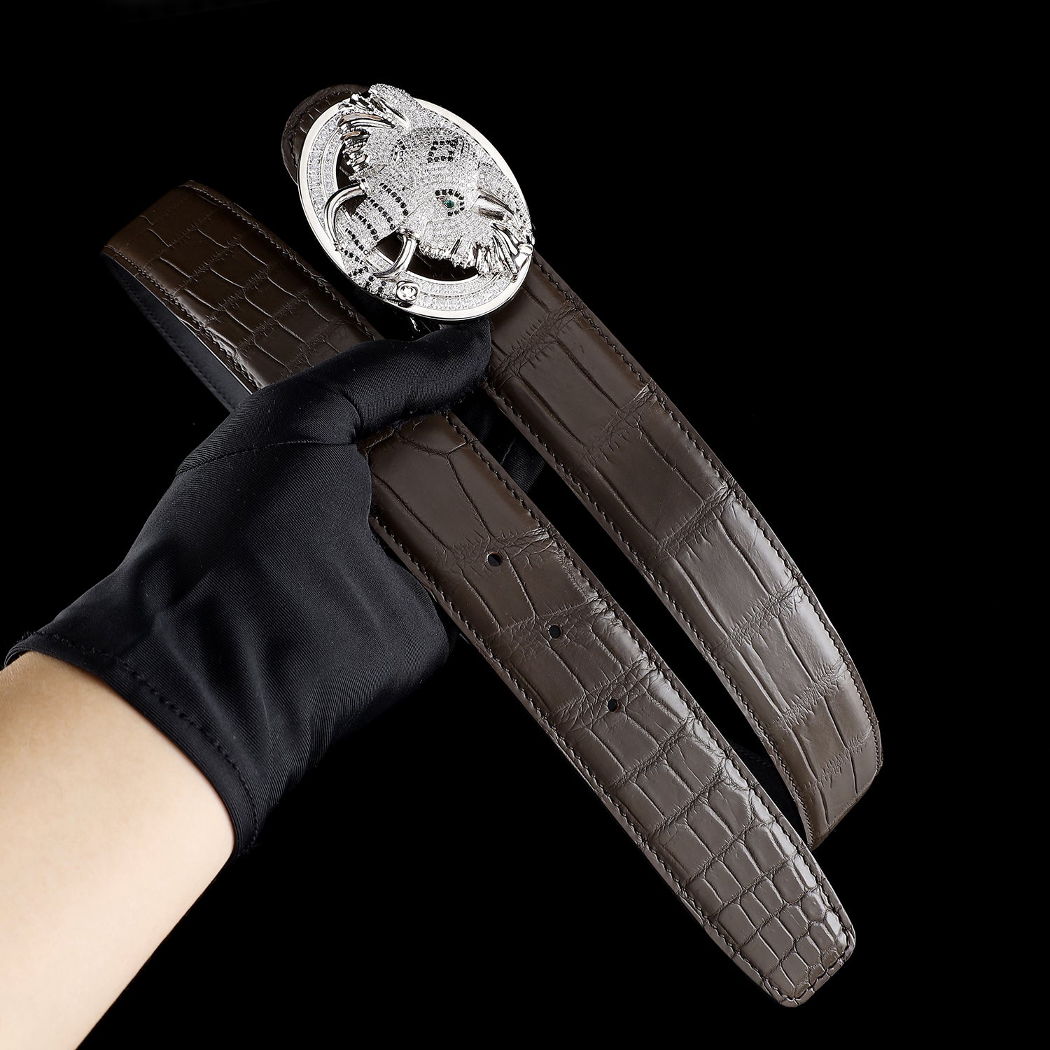 BELTLEY Espresso Crocodile Leather Belt with Sculpted Elephant Buckle