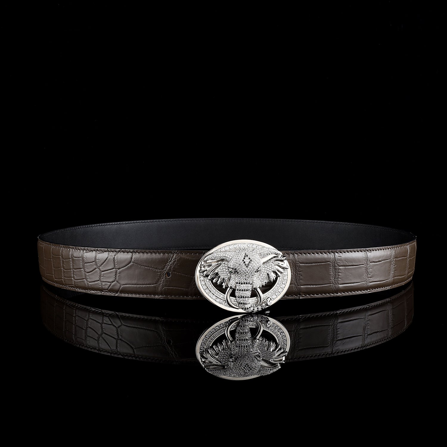 BELTLEY Espresso Crocodile Leather Belt with Sculpted Elephant Buckle
