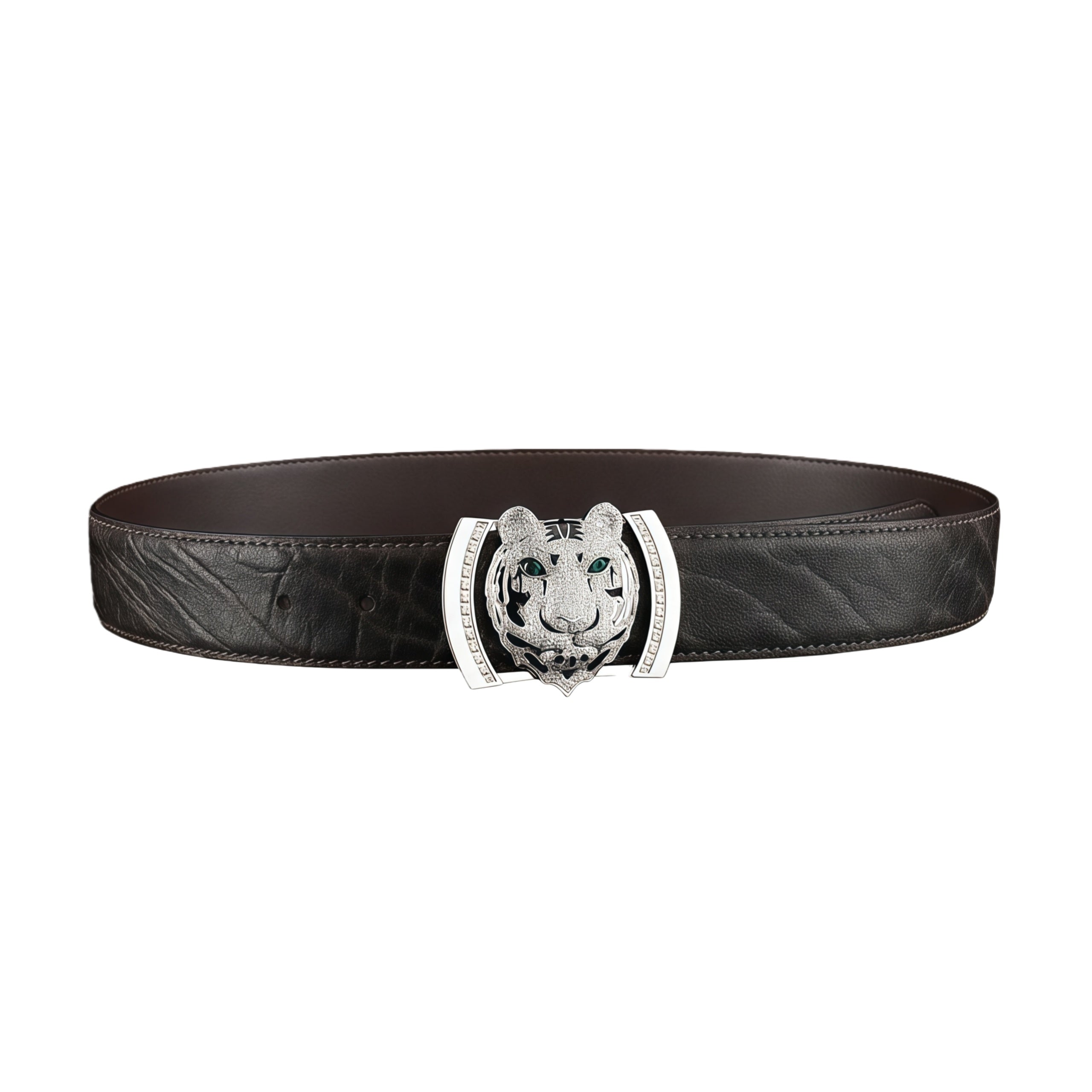 BELTLEY  Espresso Elephant Skin Belt With 3D Silver Tiger Buckle