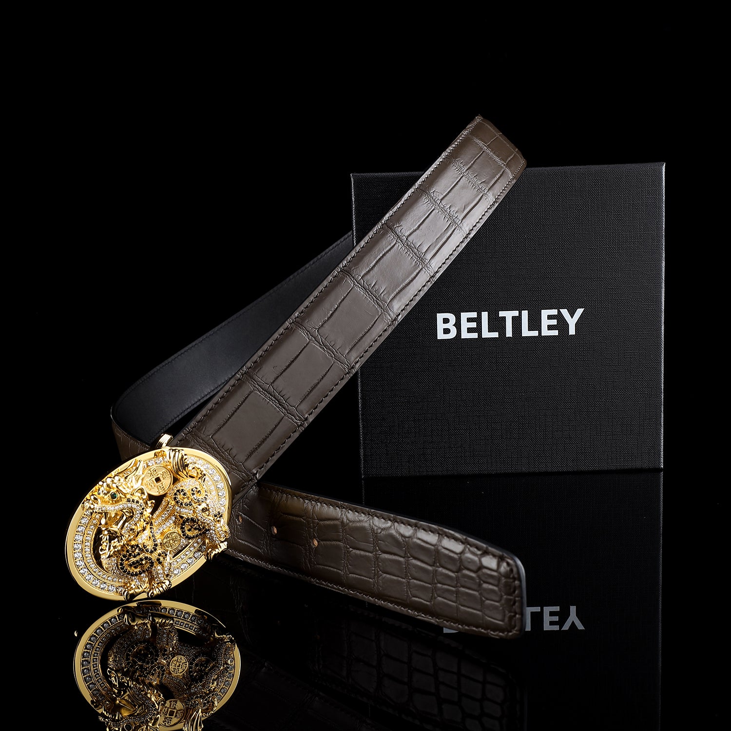 BELTLEY Espresso Men’s Crocodile Leather Belt With Unique Qilin Buckle