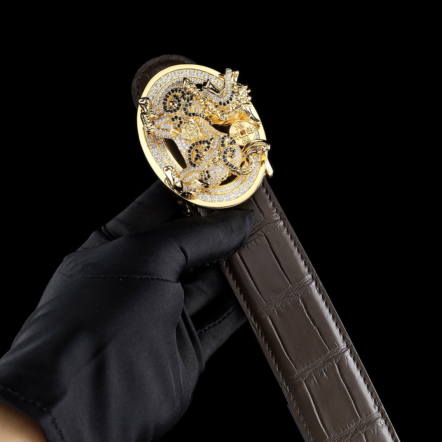 BELTLEY Espresso Men’s Crocodile Leather Belt With Unique Qilin Buckle