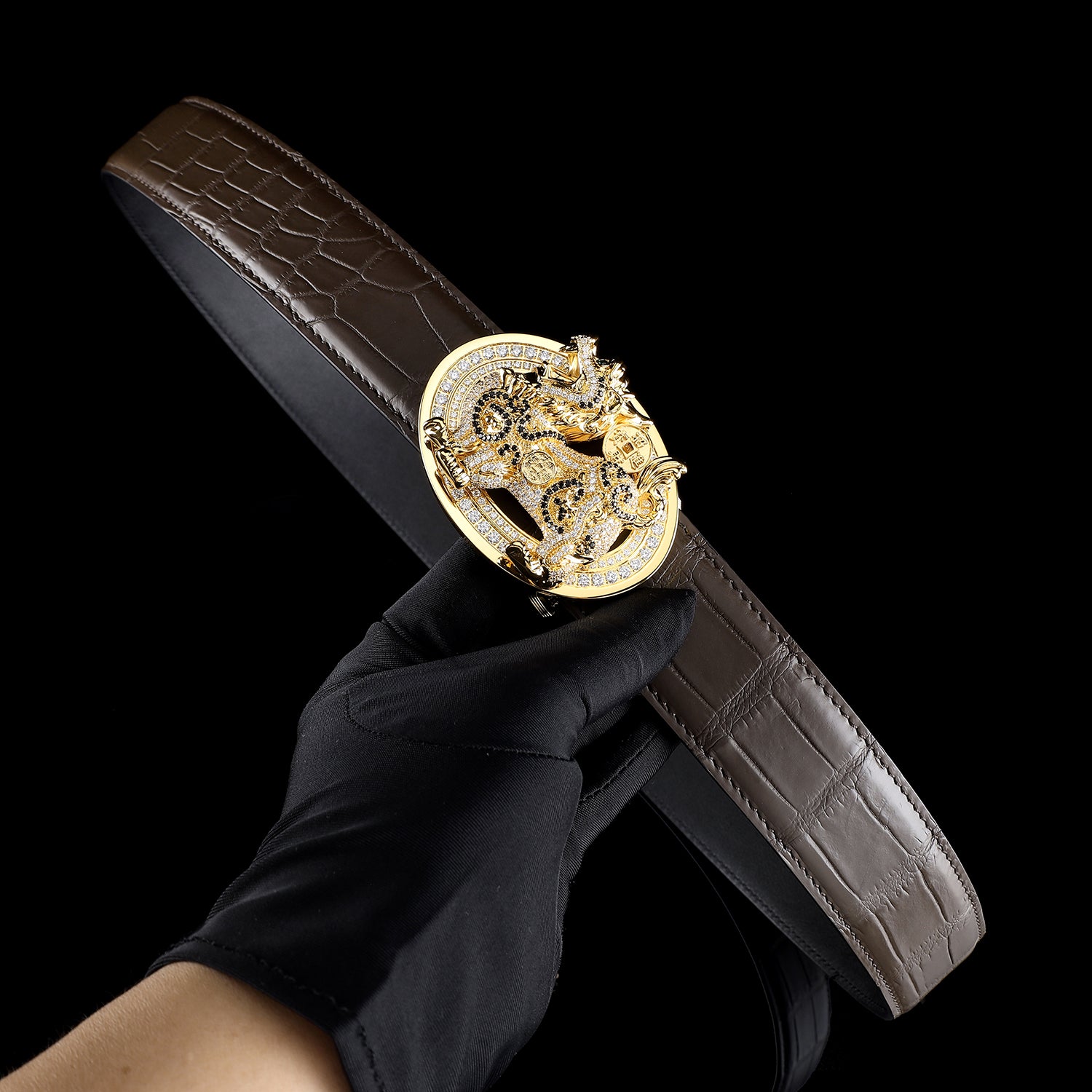 BELTLEY Espresso Men’s Crocodile Leather Belt With Unique Qilin Buckle