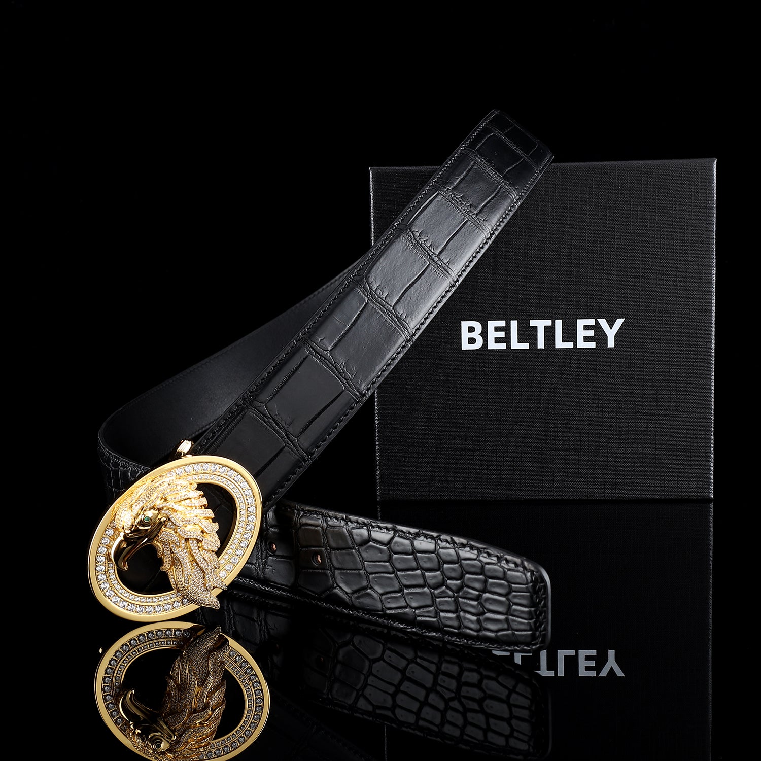 BELTLEY Executive Gold Eagle Buckle- Black Real Crocodile Leather Belt