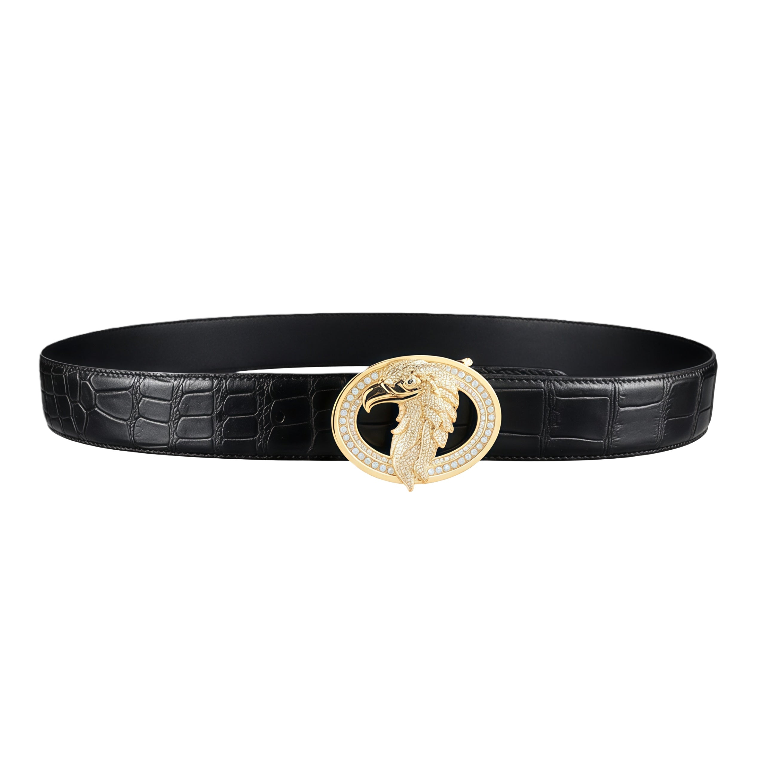 BELTLEY Executive Gold Eagle Buckle- Black Real Crocodile Leather Belt
