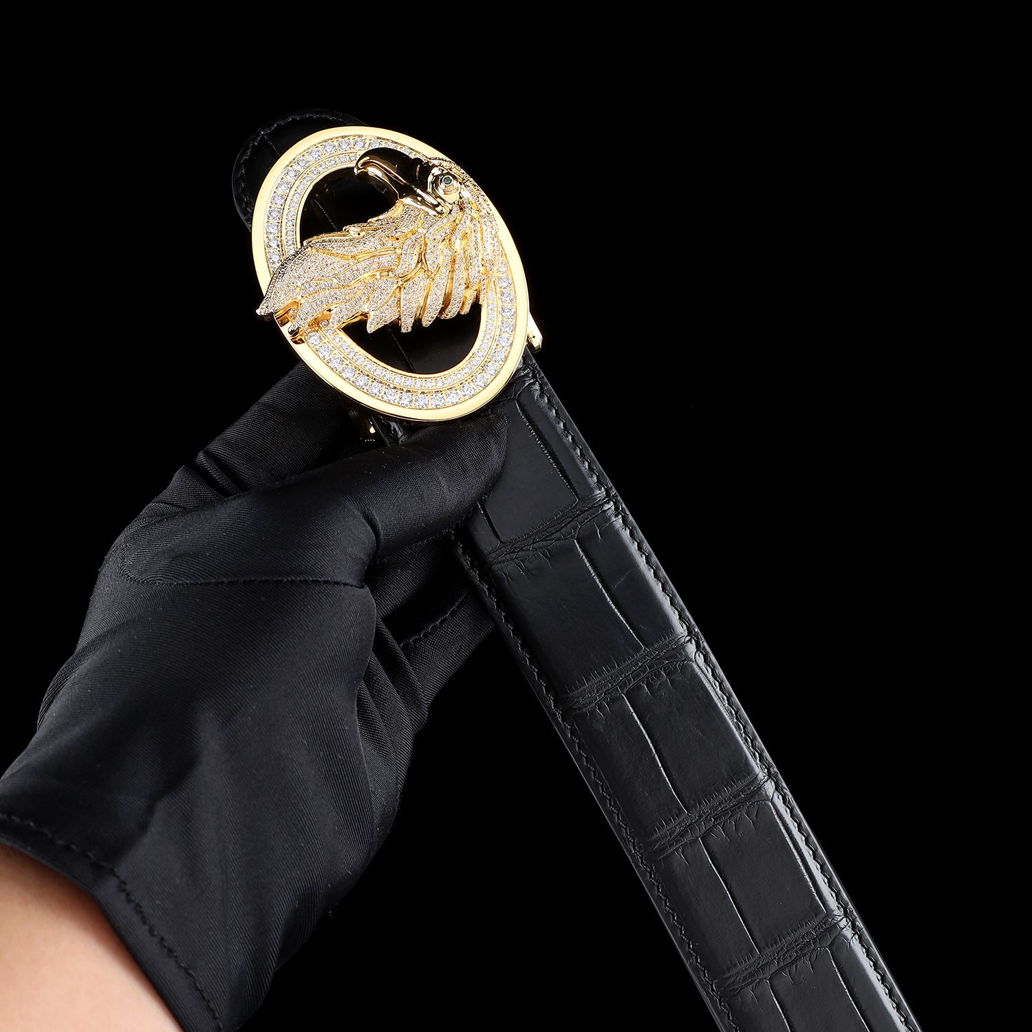BELTLEY Executive Gold Eagle Buckle- Black Real Crocodile Leather Belt