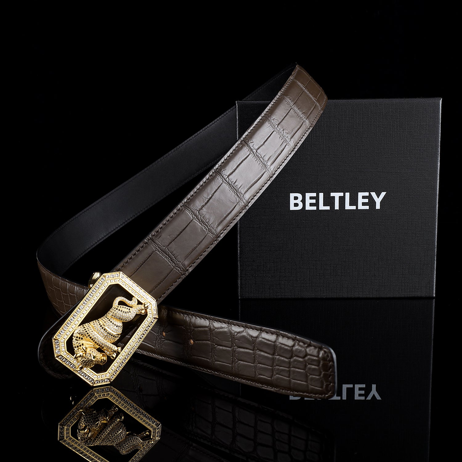 BELTLEY Exotic Crocodile Skin Espresso  Belt With Bull Buckle