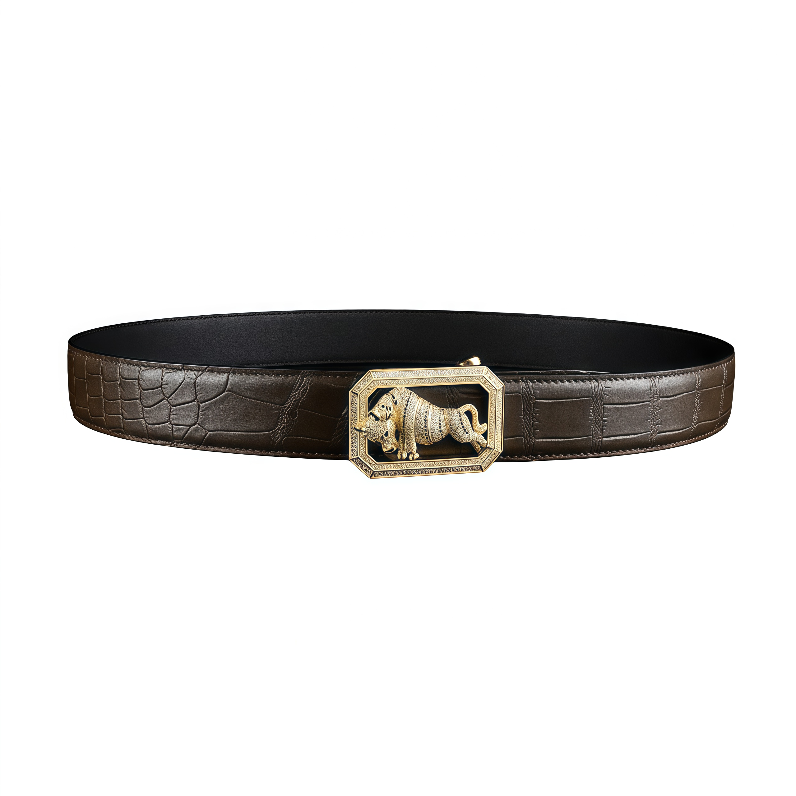 BELTLEY Exotic Crocodile Skin Espresso  Belt With Bull Buckle