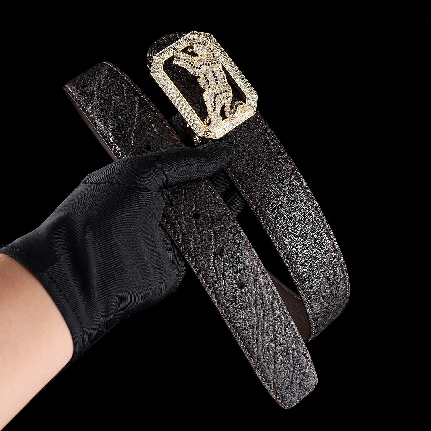 BELTLEY Exotic Elephant Hide Belt With Dog Buckle For Men – Espresso Brown