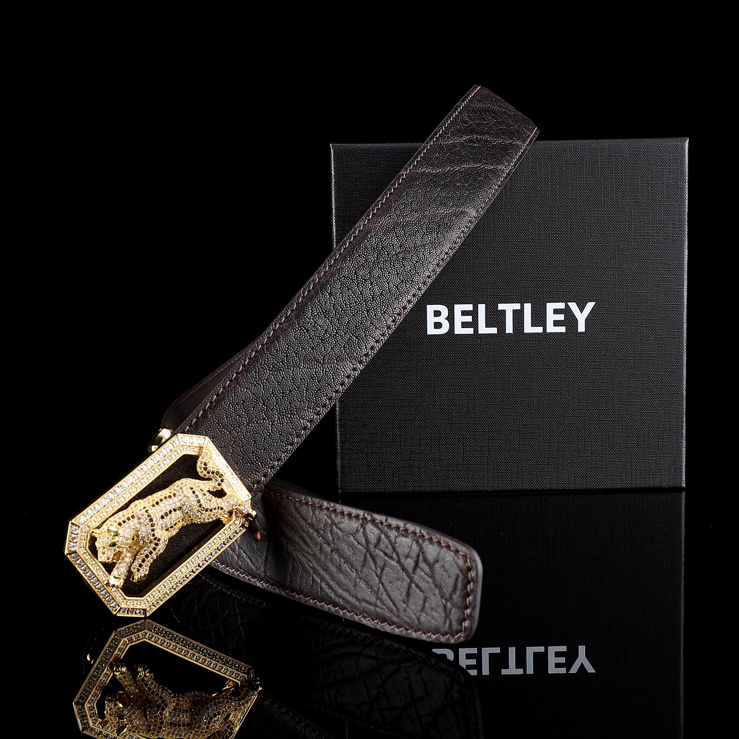 BELTLEY Exotic Elephant Hide Belt With Dog Buckle For Men – Espresso Brown