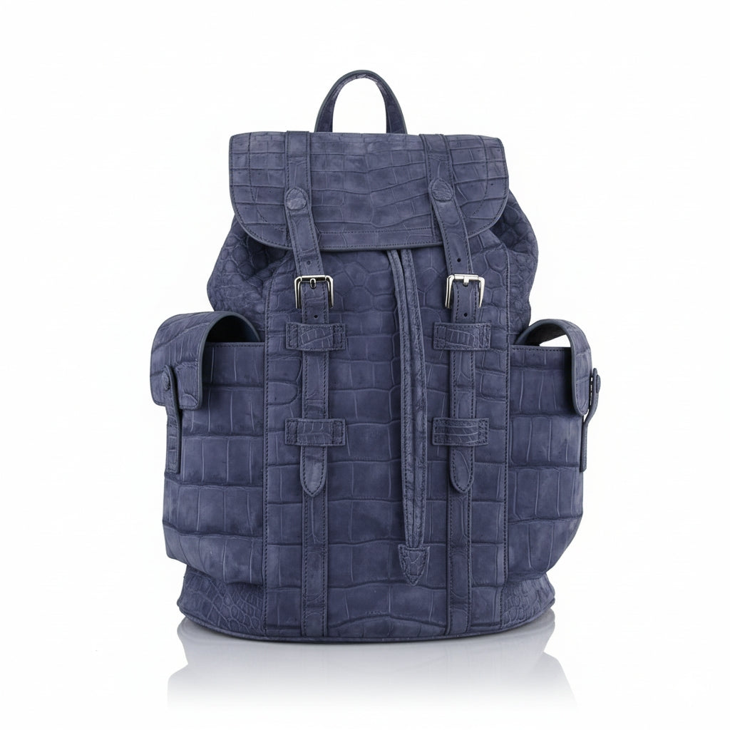 BELTLEY Explorer: Sueded Slate Blue Nile Crocodile Backpack