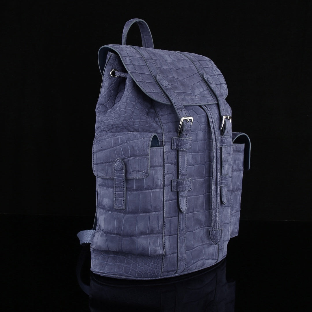 BELTLEY Explorer: Sueded Slate Blue Nile Crocodile Backpack